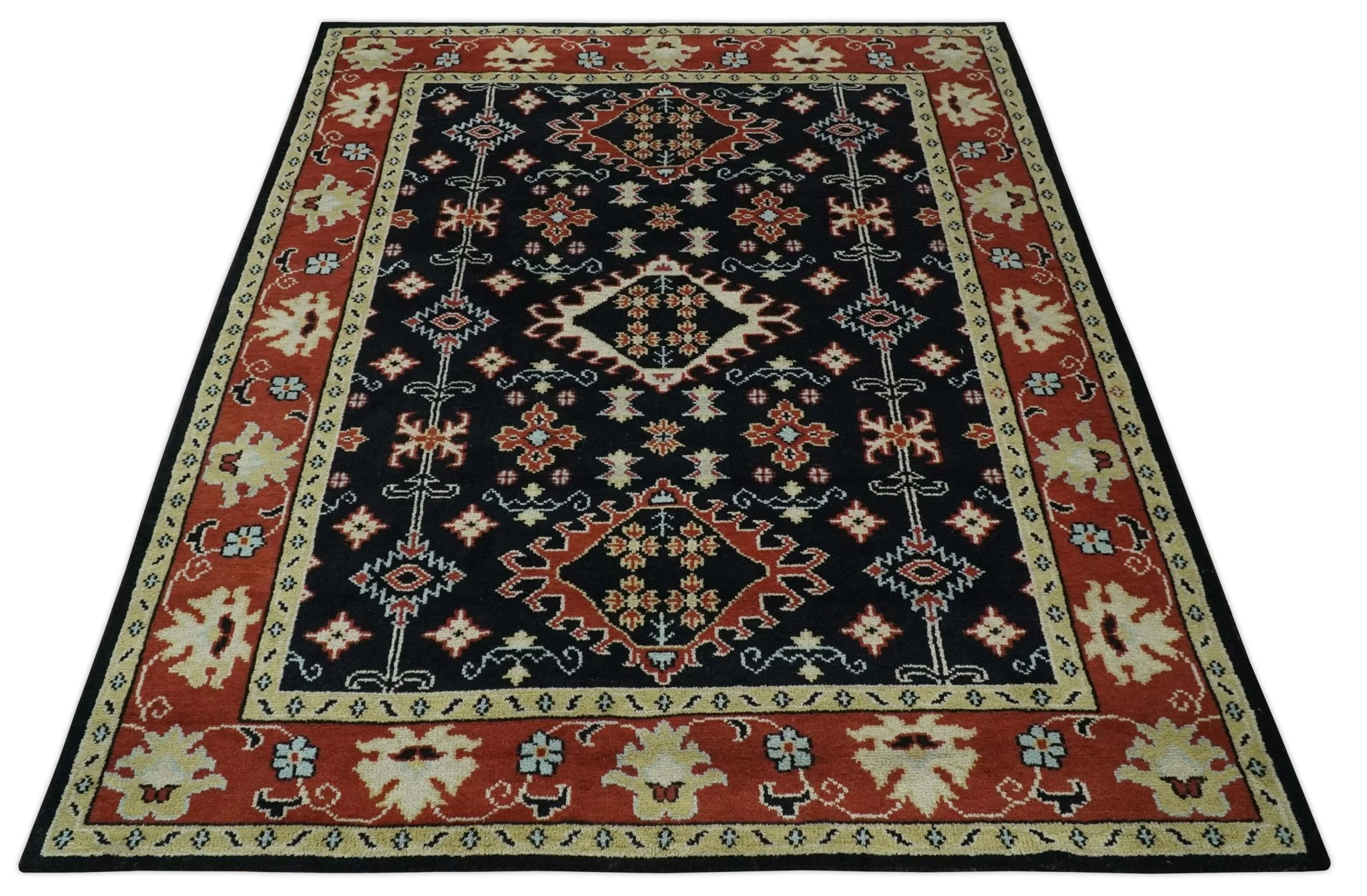 Black, Rust and Beige Traditional Oriental Hand Knotted Custom Made Wool Area Rug - Image 11