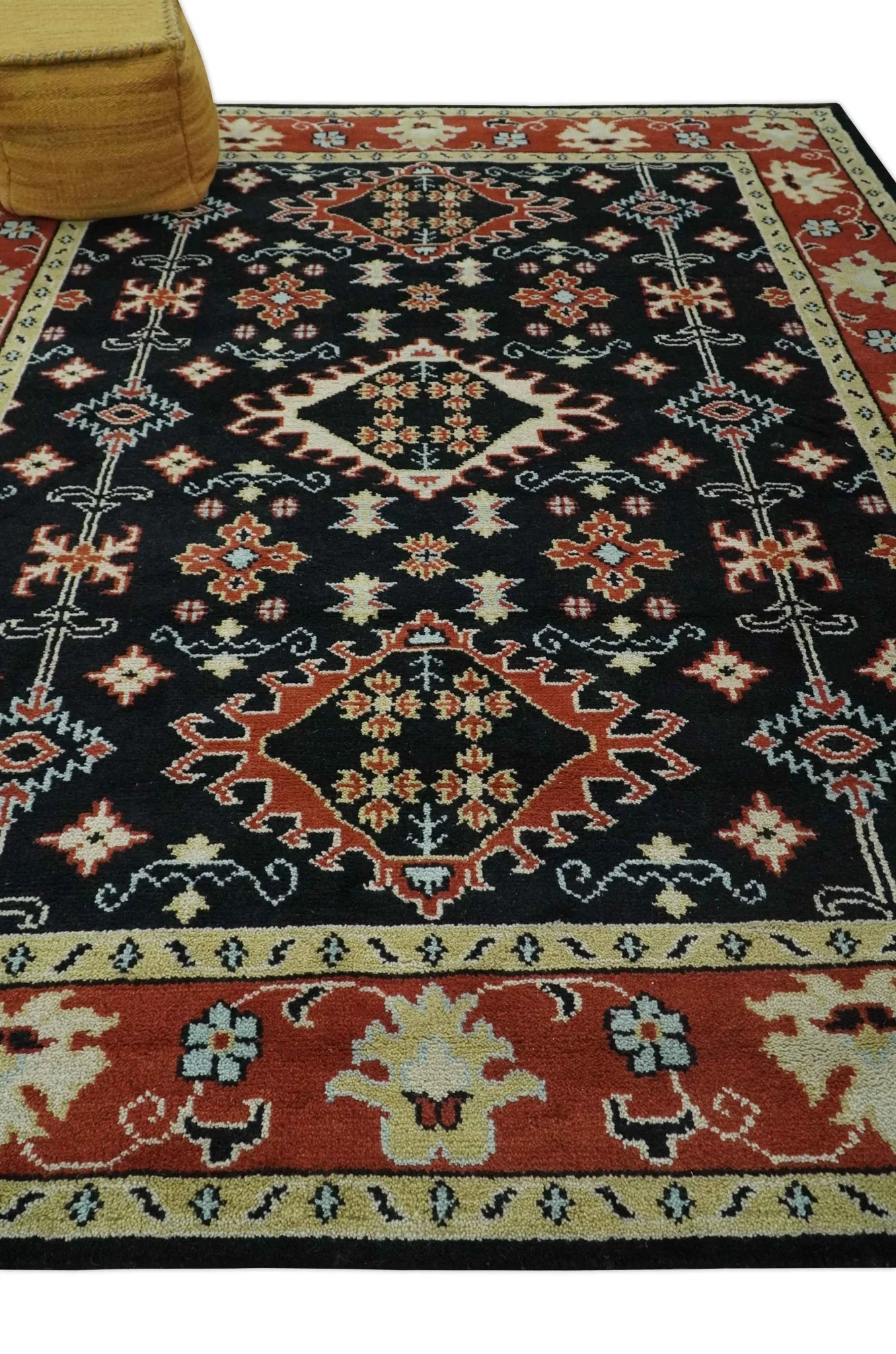 Black, Rust and Beige Traditional Oriental Hand Knotted Custom Made Wool Area Rug - Image 4