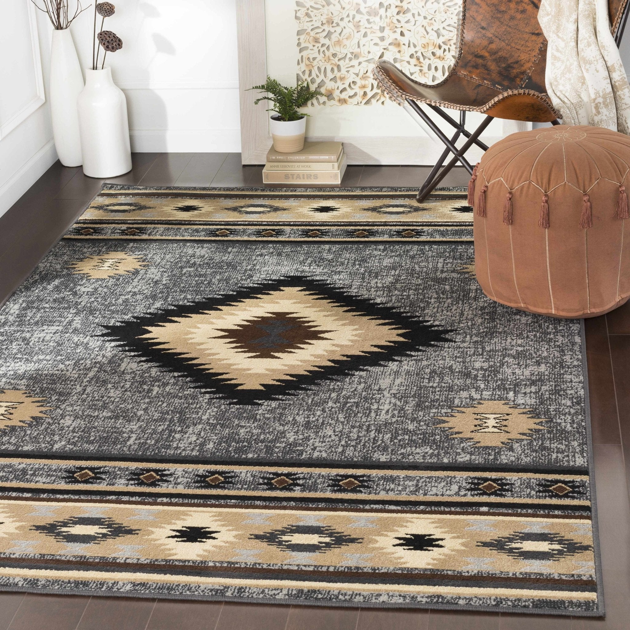 Black, Silver, Ivory and Brown Southwestern Mamluk Design Multi size Area Rug - Image 2