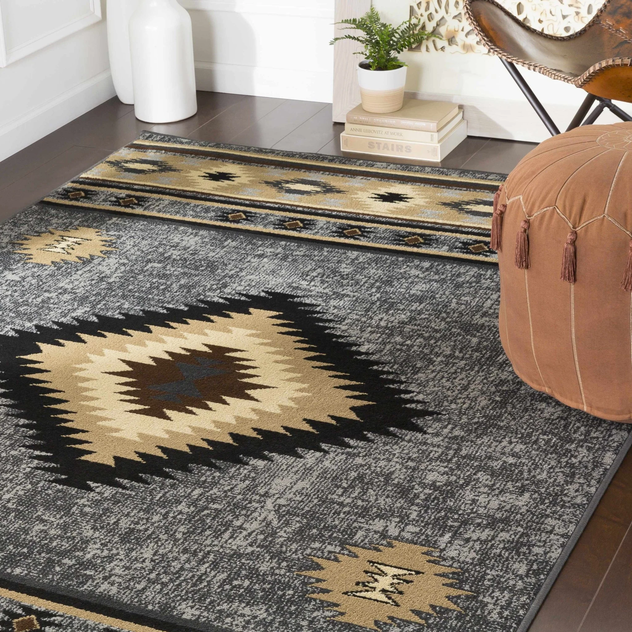 Black, Silver, Ivory and Brown Southwestern Mamluk Design Multi size Area Rug - Image 3