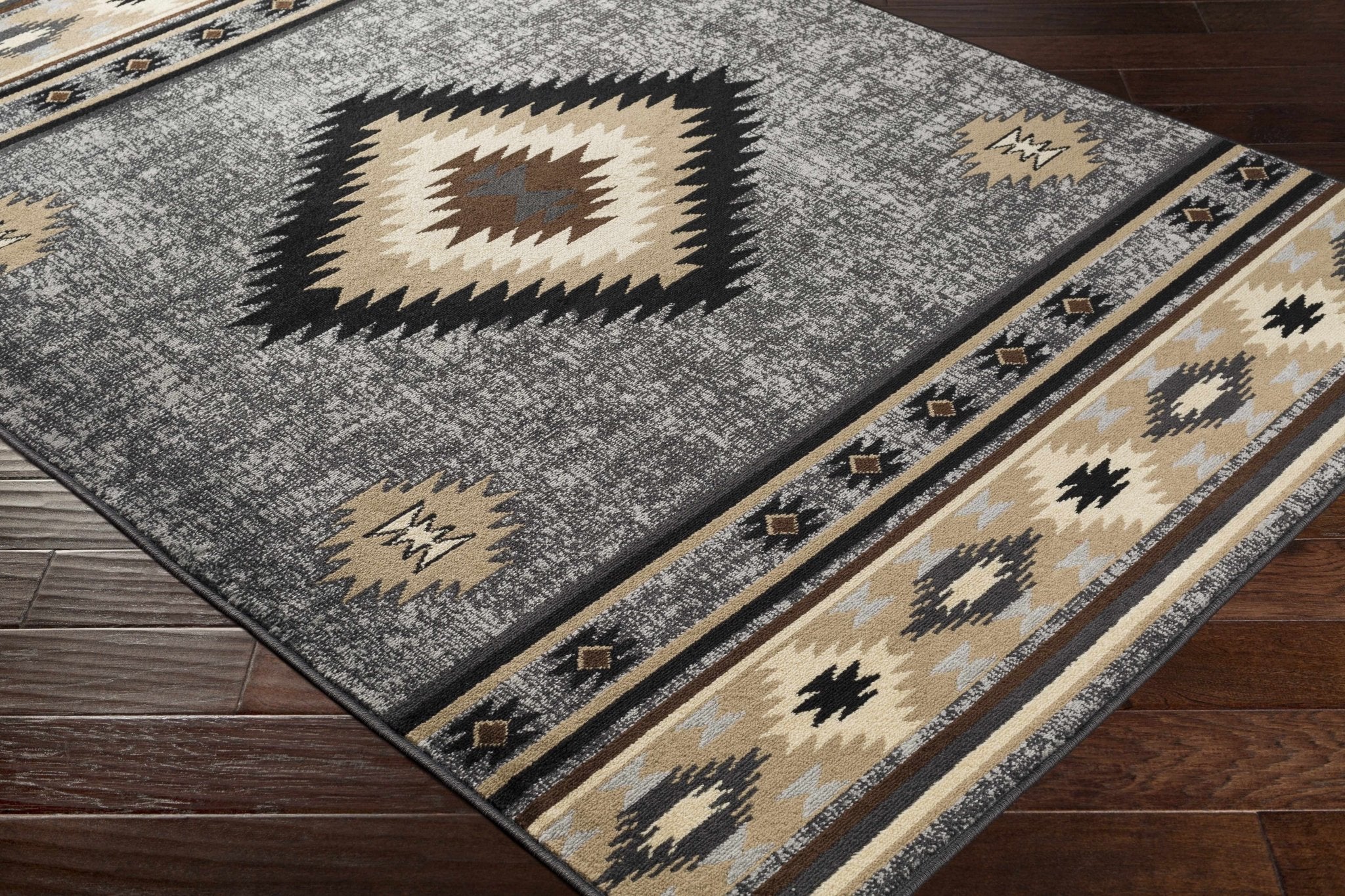 Black, Silver, Ivory and Brown Southwestern Mamluk Design Multi size Area Rug - Image 4