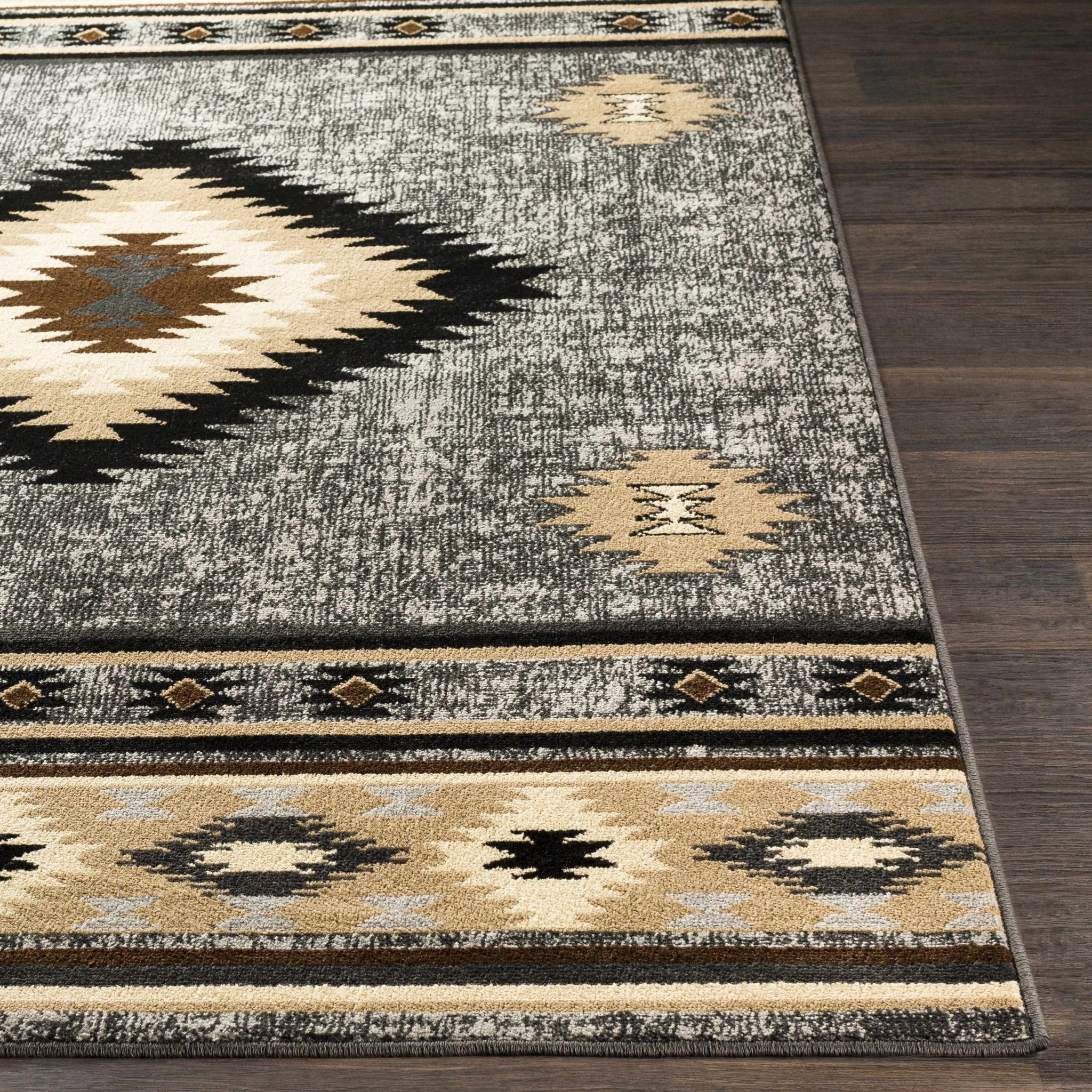 Black, Silver, Ivory and Brown Southwestern Mamluk Design Multi size Area Rug - Image 5