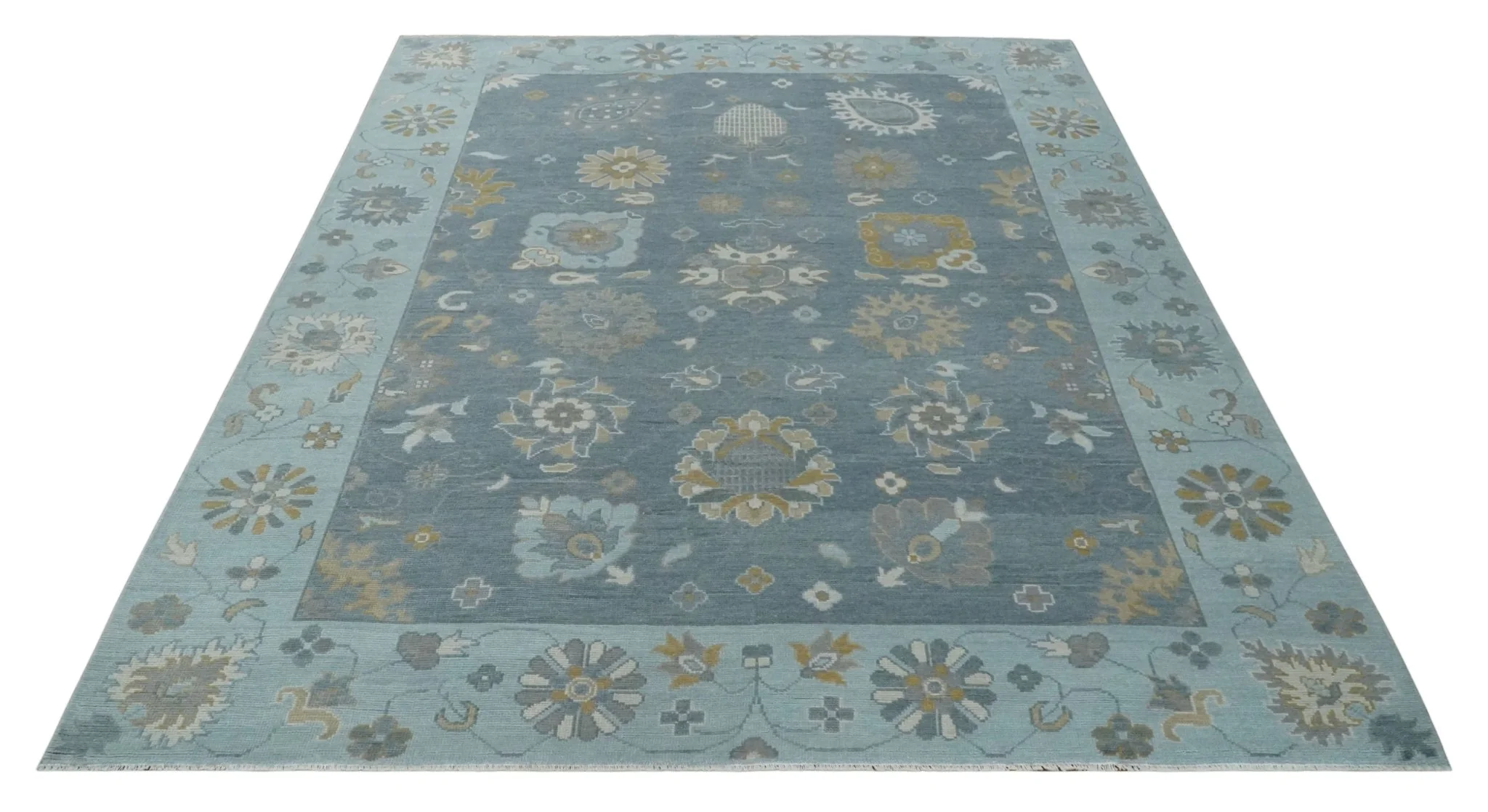 Custom Made Blue and Aqua Hand Knotted Traditional Oushak Wool Area Rug - Image 10