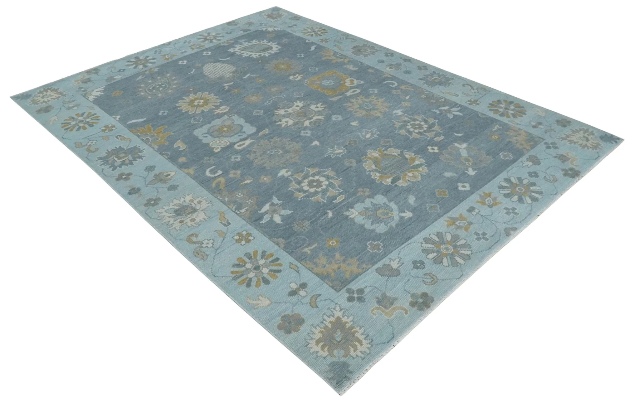 Custom Made Blue and Aqua Hand Knotted Traditional Oushak Wool Area Rug - Image 9