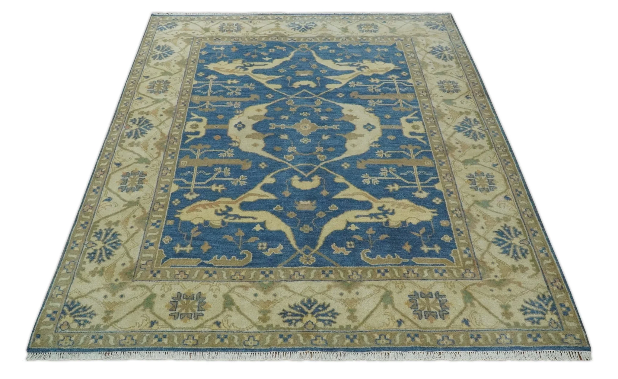 Blue and Beige Hand Knotted Traditional Oriental Oushak 8x10 wool Area Rug - Image 11
