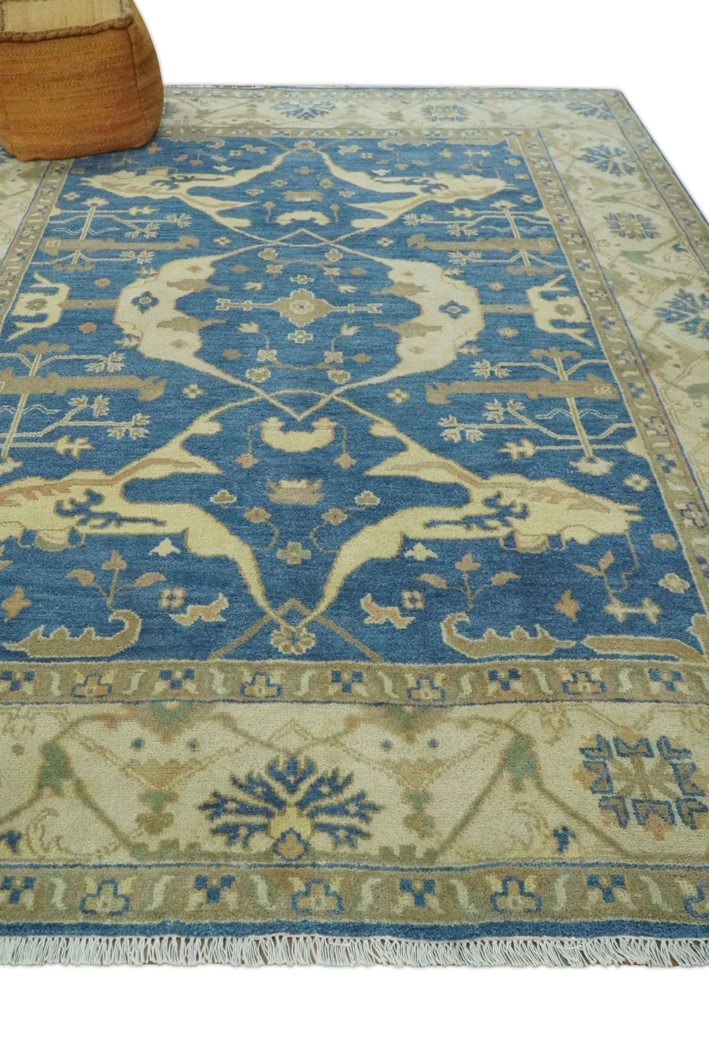 Blue and Beige Hand Knotted Traditional Oriental Oushak 8x10 wool Area Rug - Image 3