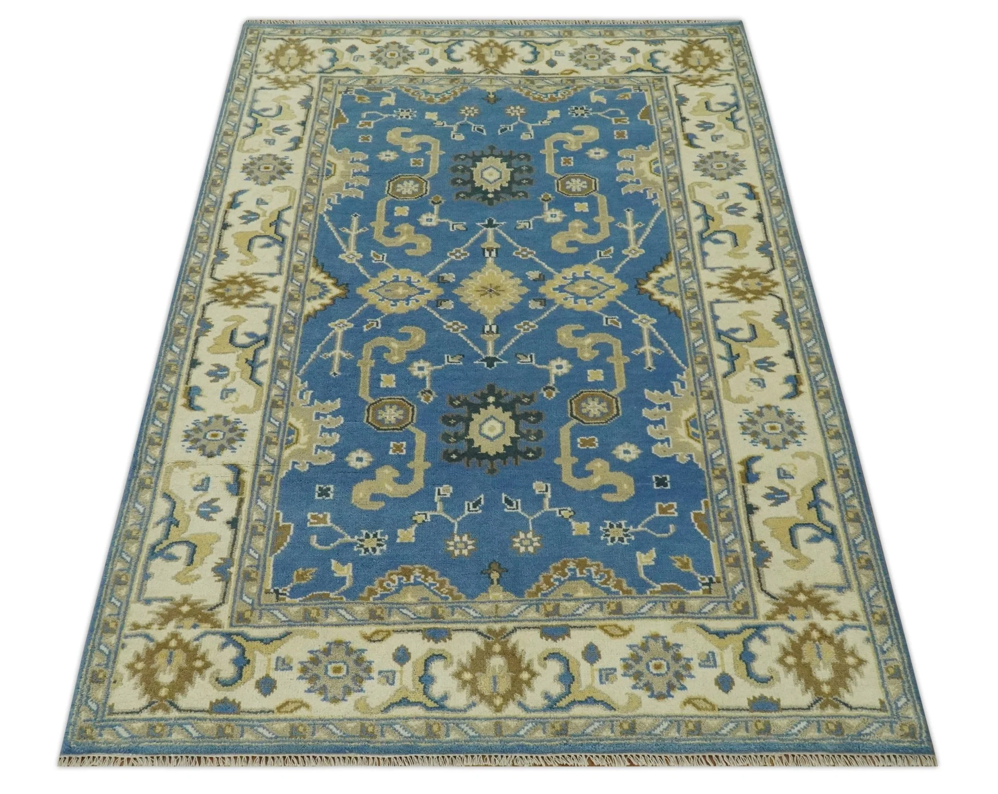 Blue and Beige 6x9 Hand Knotted Traditional Oushak wool area rug - Image 10