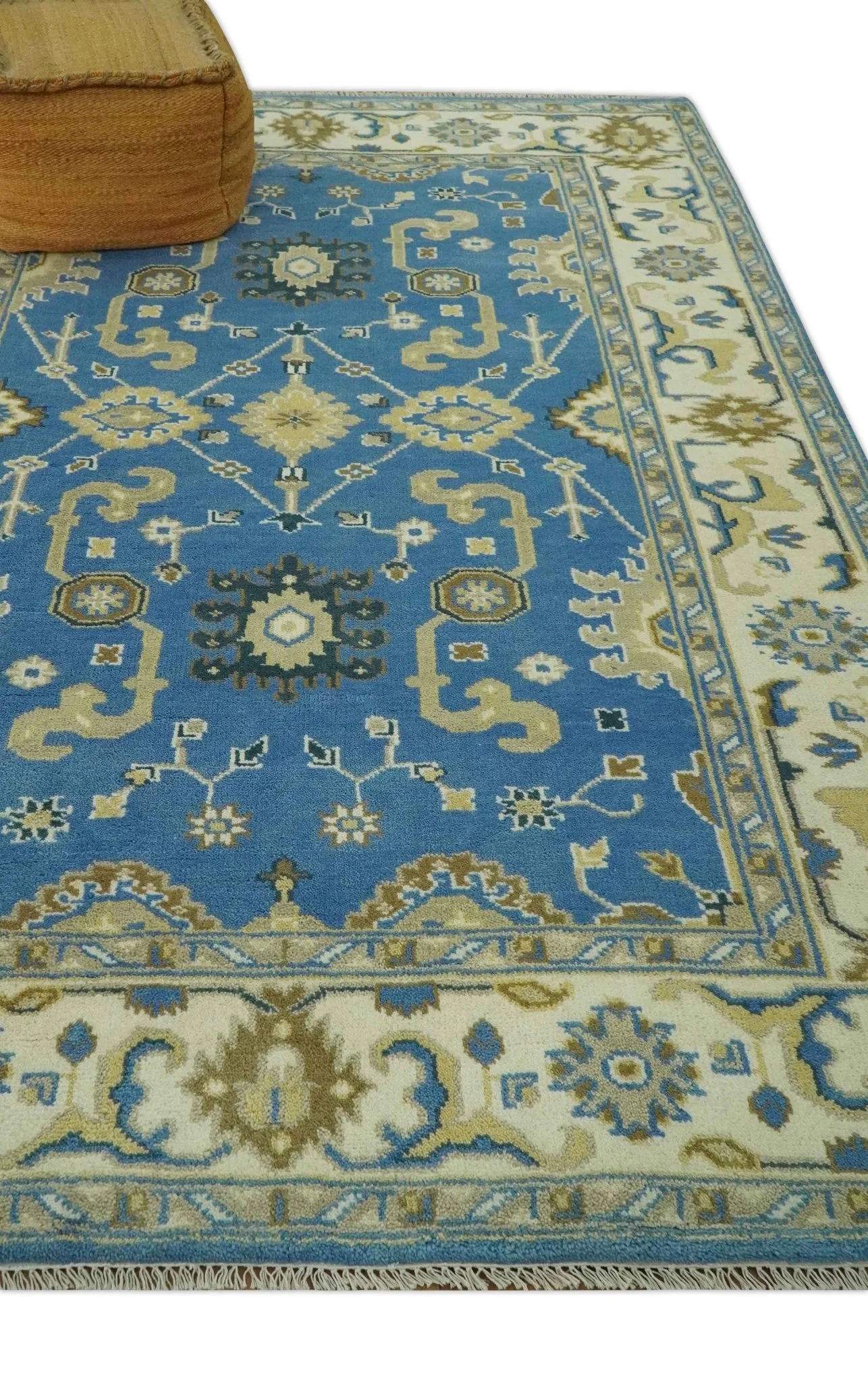 Blue and Beige 6x9 Hand Knotted Traditional Oushak wool area rug - Image 3