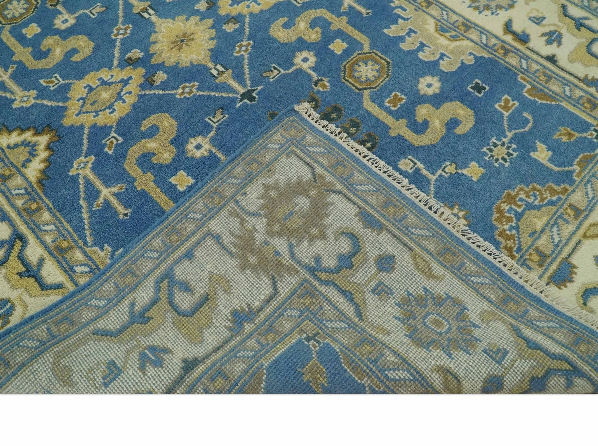 Blue and Beige 6x9 Hand Knotted Traditional Oushak wool area rug - Image 7