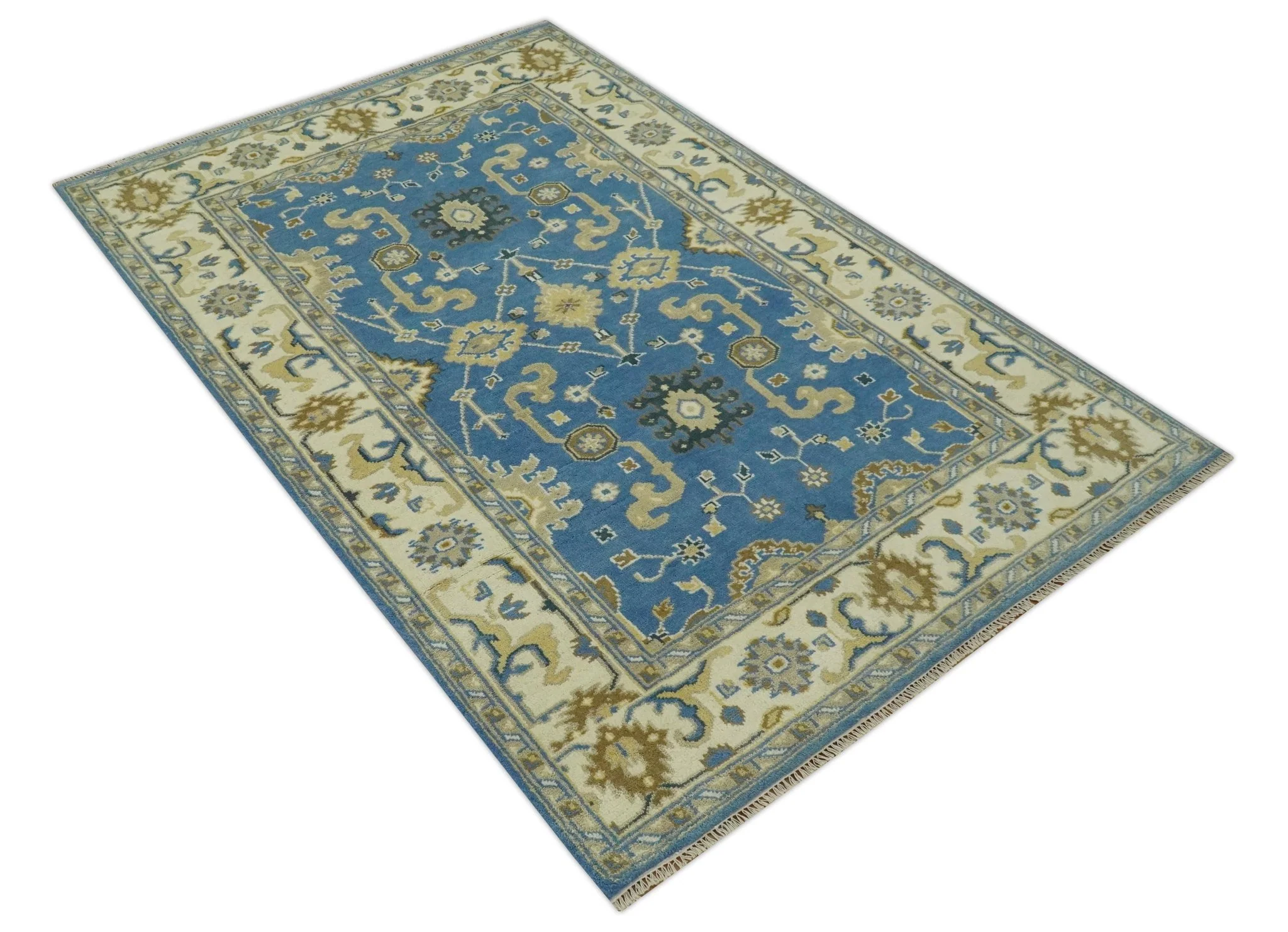 Blue and Beige 6x9 Hand Knotted Traditional Oushak wool area rug - Image 9