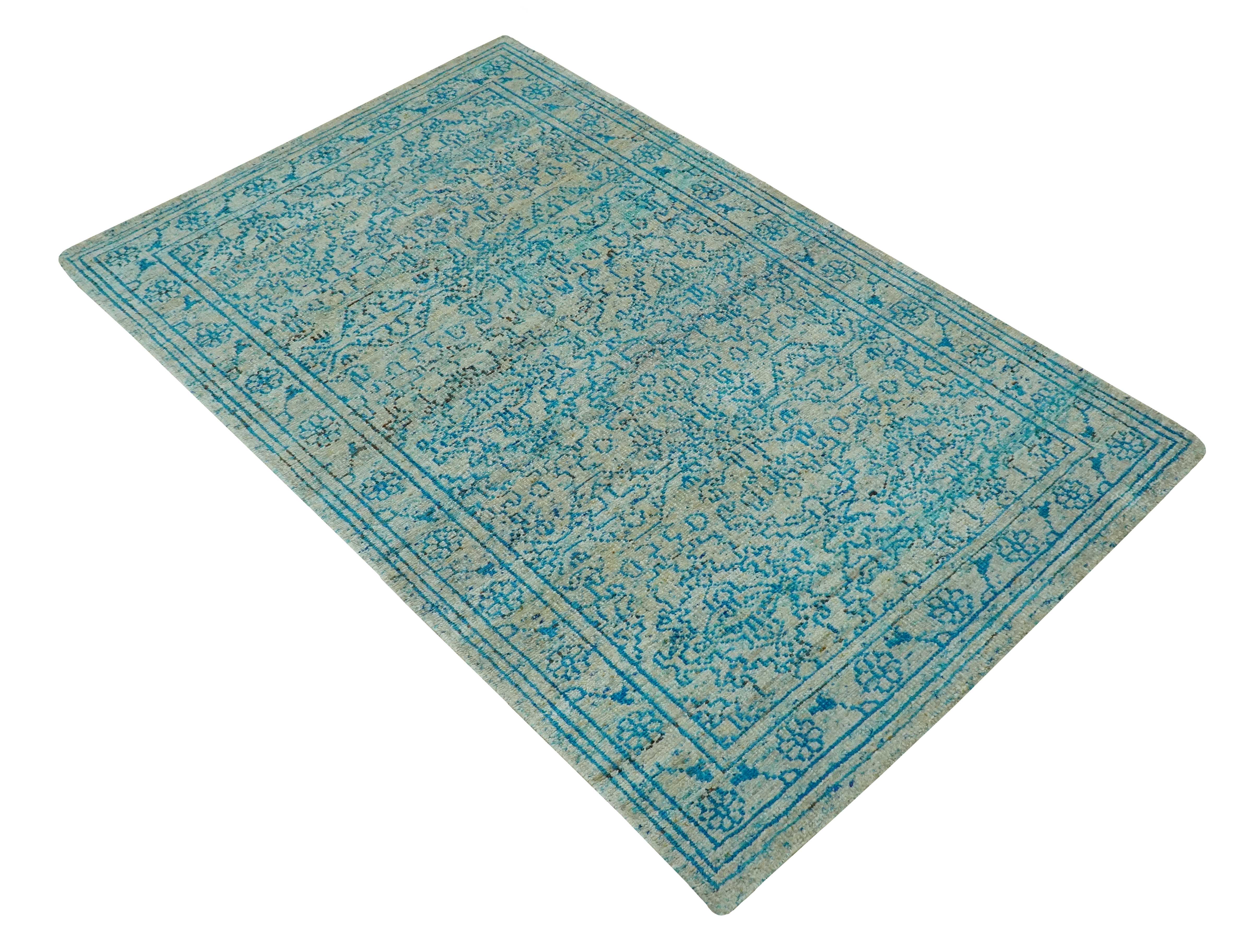 Antique Design 5x8 Blue and Beige Traditional Hand knotted wool rug - Image 9