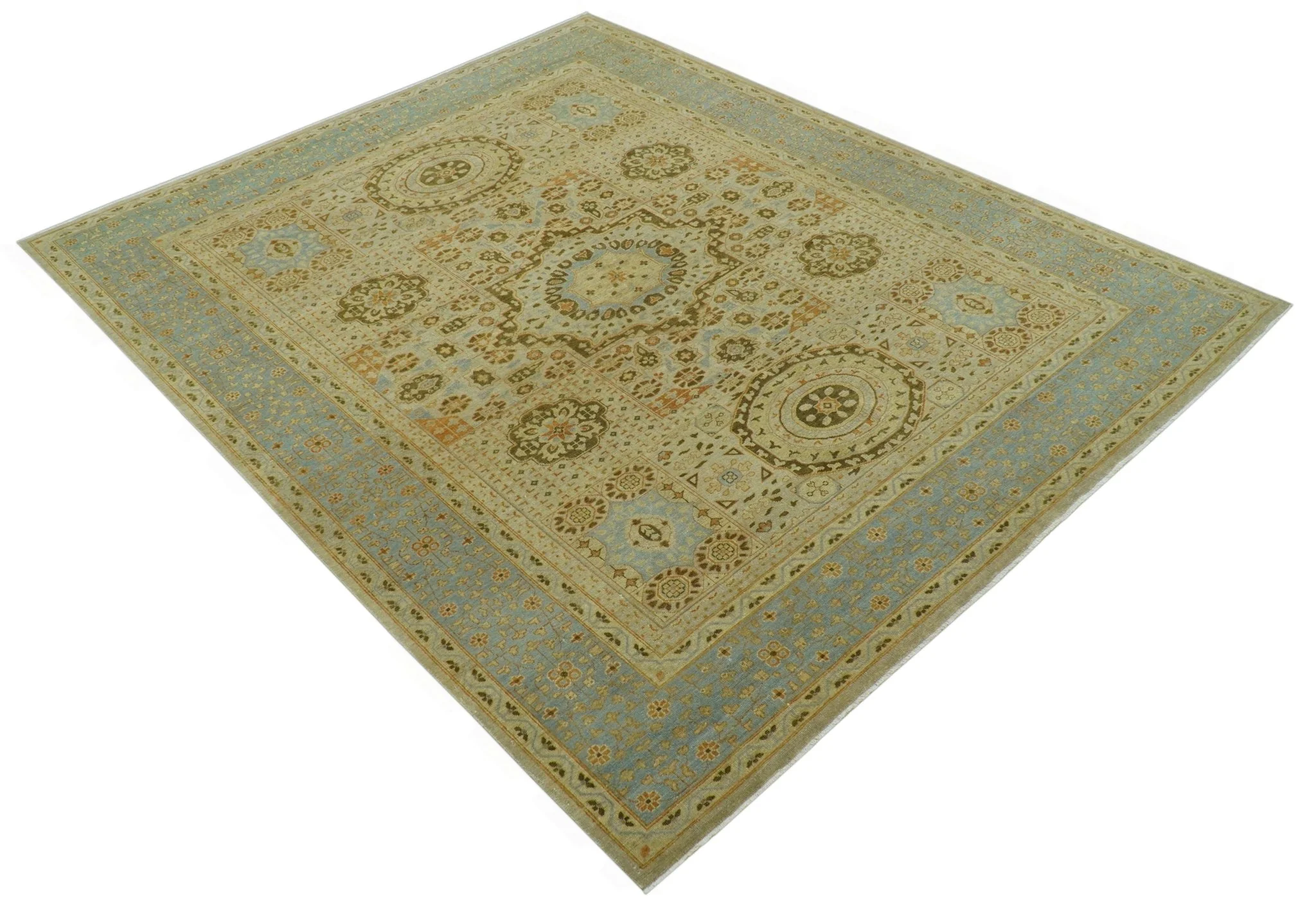 Fine Blue And Beige Traditional Mamluk Design Hand Knotted 8x10 Wool Area Rug - Image 10