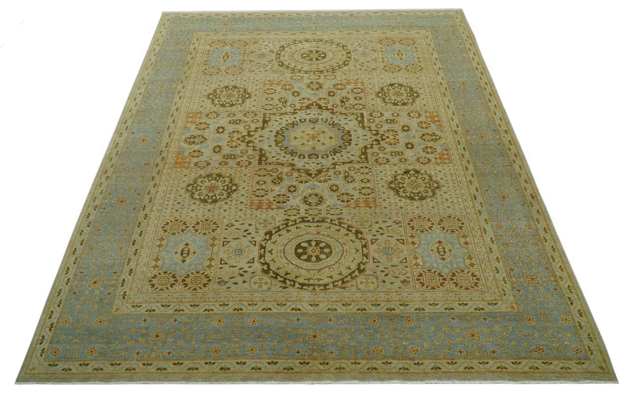 Fine Blue And Beige Traditional Mamluk Design Hand Knotted 8x10 Wool Area Rug - Image 11