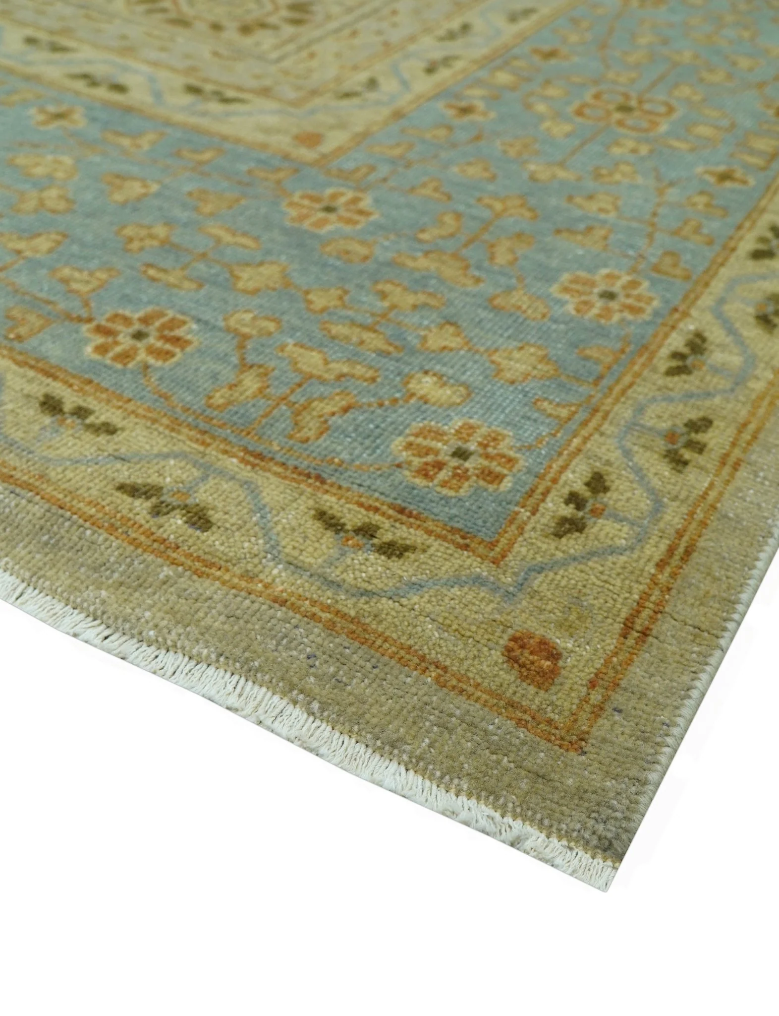 Fine Blue And Beige Traditional Mamluk Design Hand Knotted 8x10 Wool Area Rug - Image 3