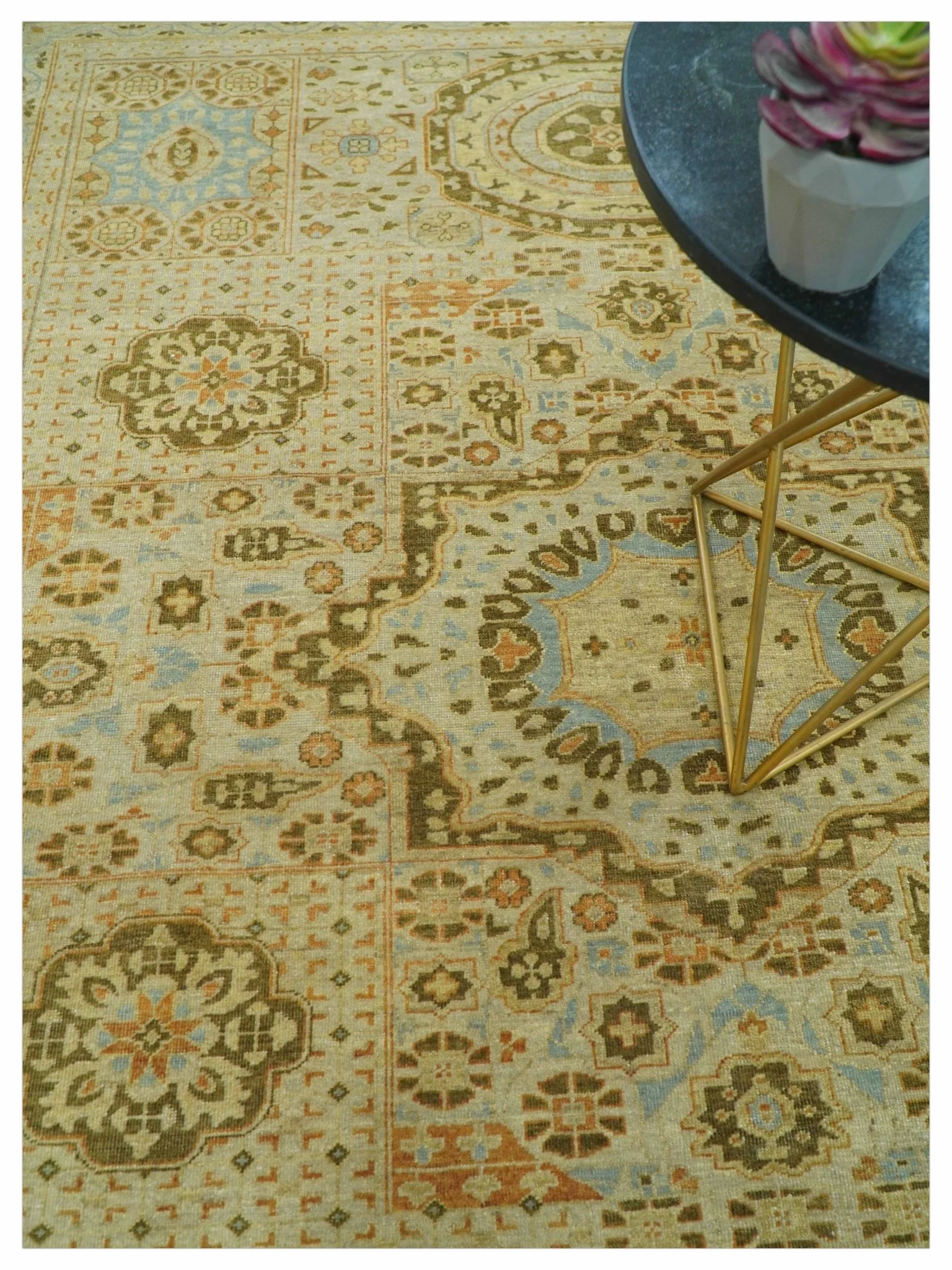 Fine Blue And Beige Traditional Mamluk Design Hand Knotted 8x10 Wool Area Rug - Image 8