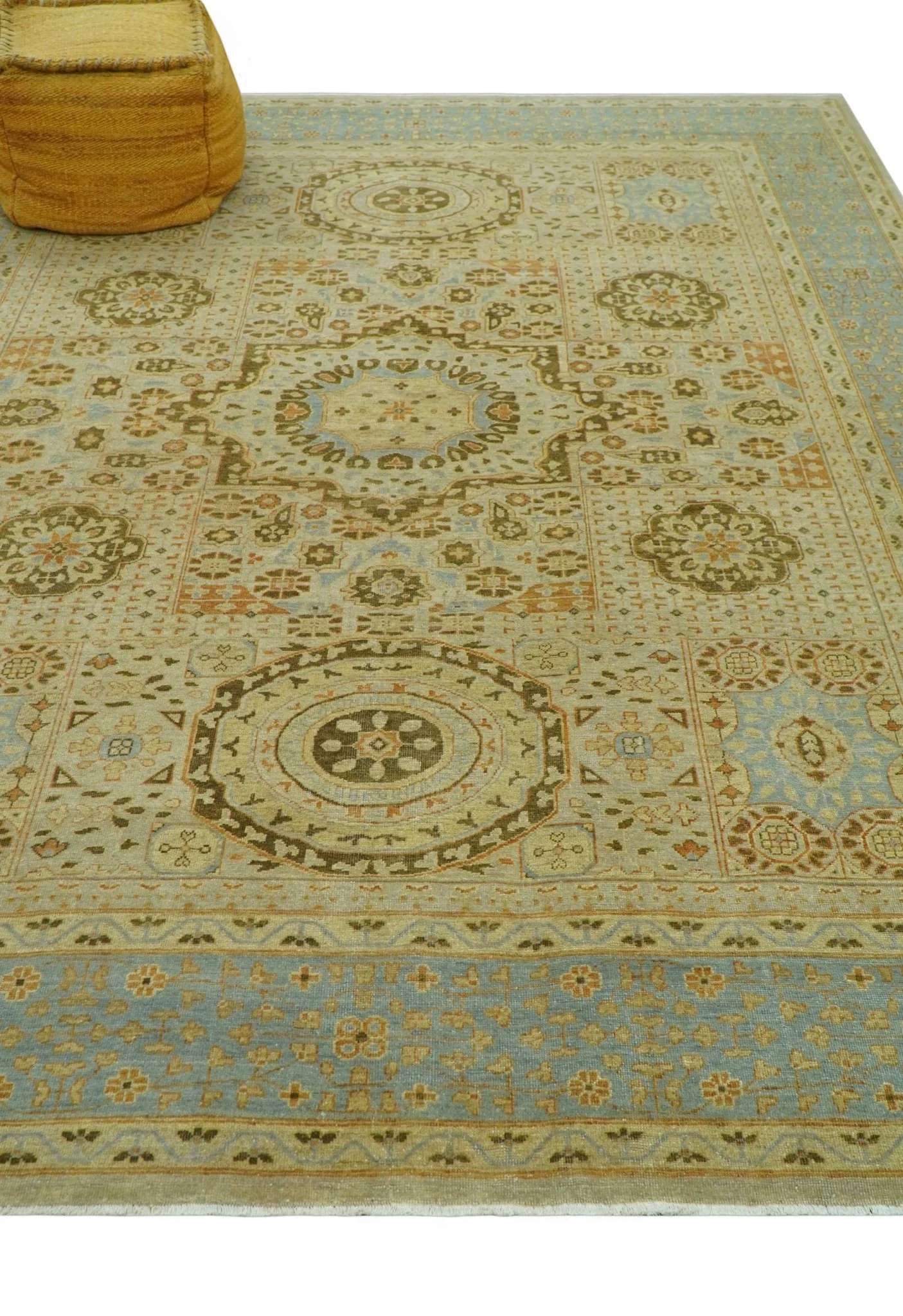 Fine Blue And Beige Traditional Mamluk Design Hand Knotted 8x10 Wool Area Rug - Image 9
