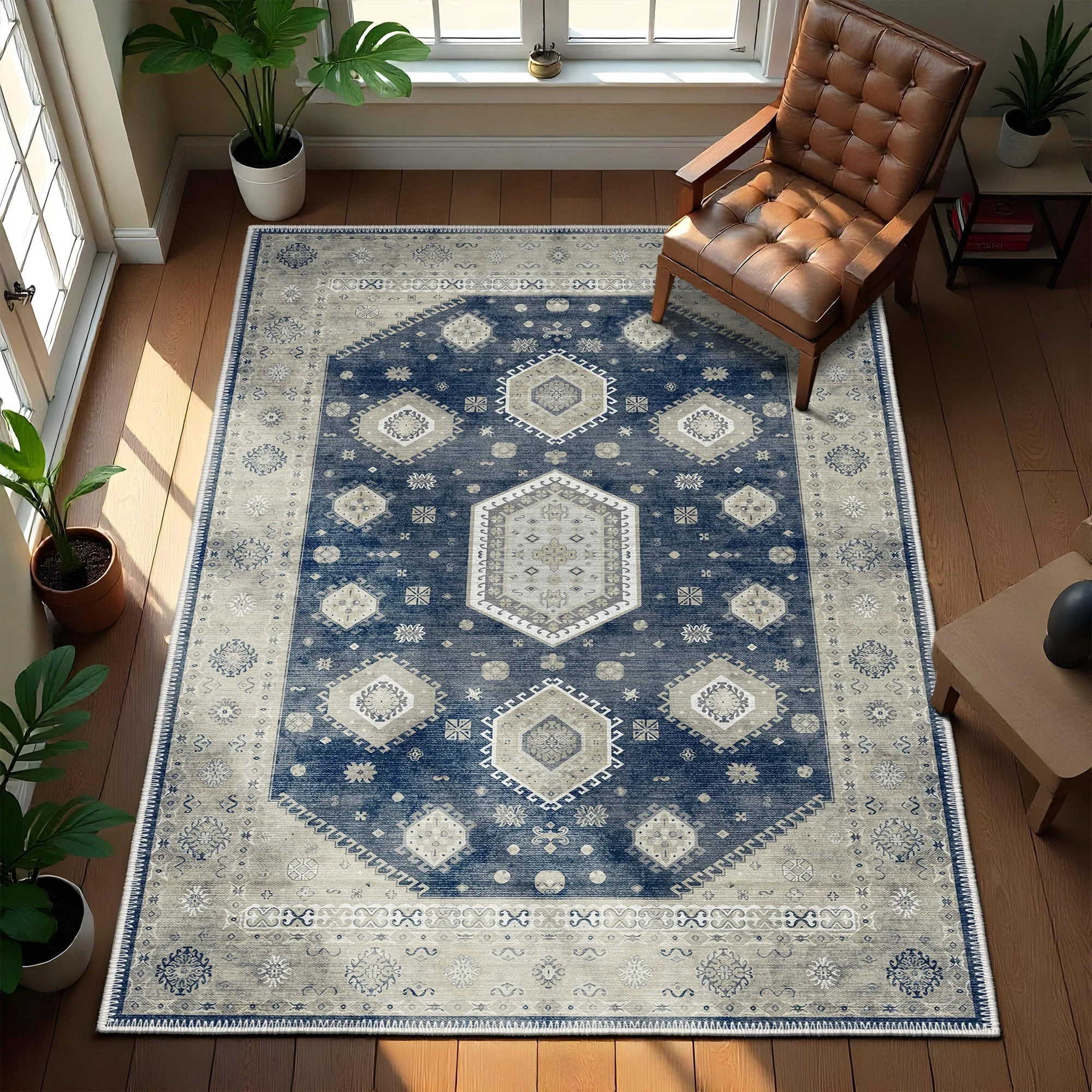 Blue And Beige Traditional Medallion Machine Washable Area Rug - Image 2