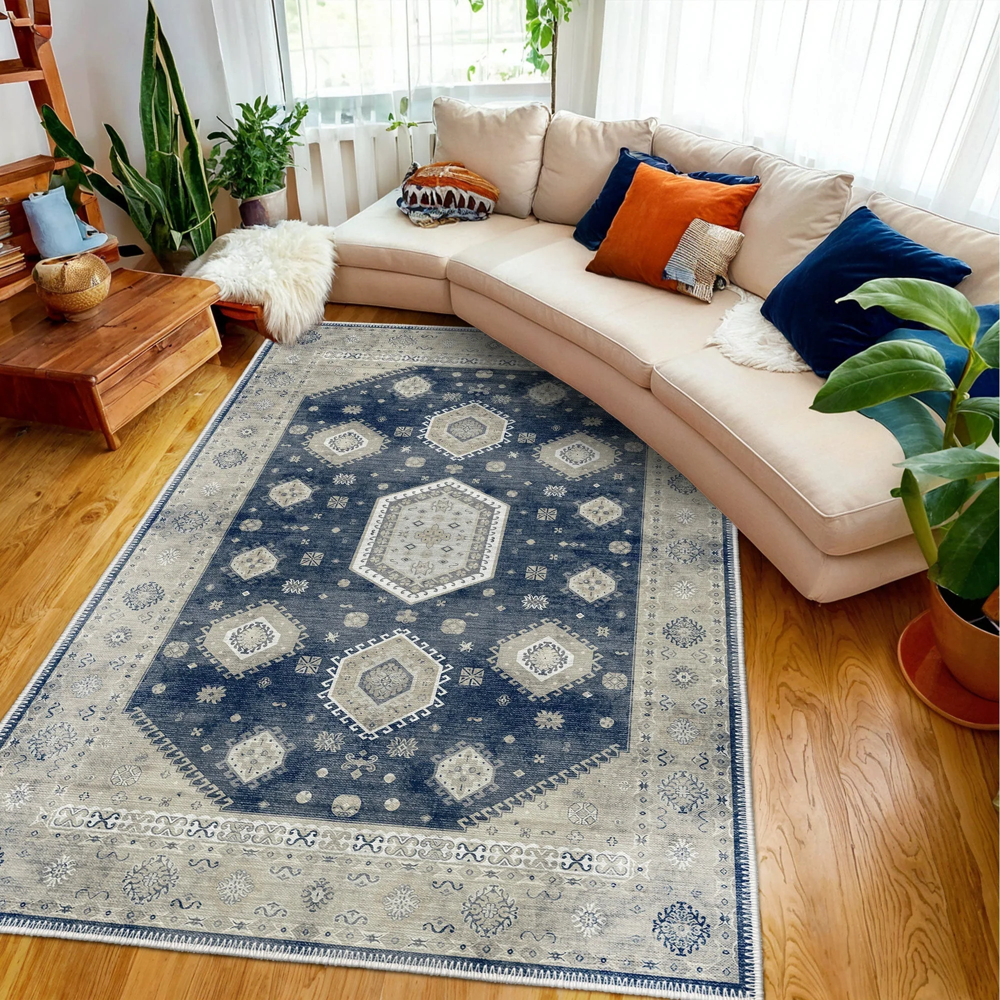 Blue And Beige Traditional Medallion Machine Washable Area Rug - Image 4