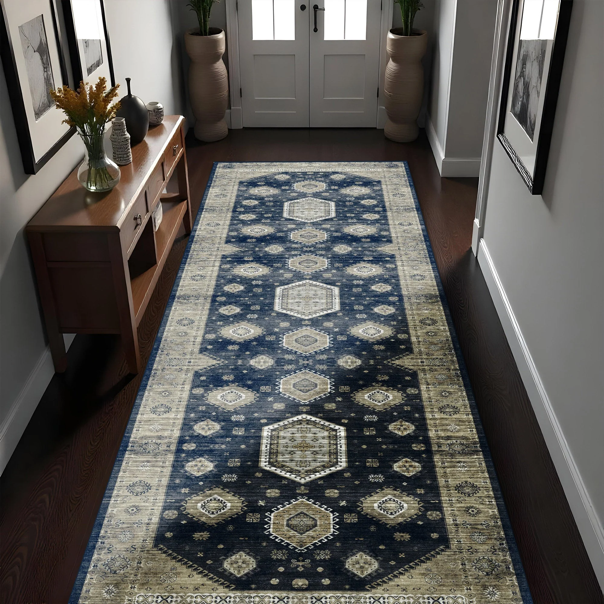 Blue And Beige Traditional Medallion Machine Washable Area Rug - Image 6