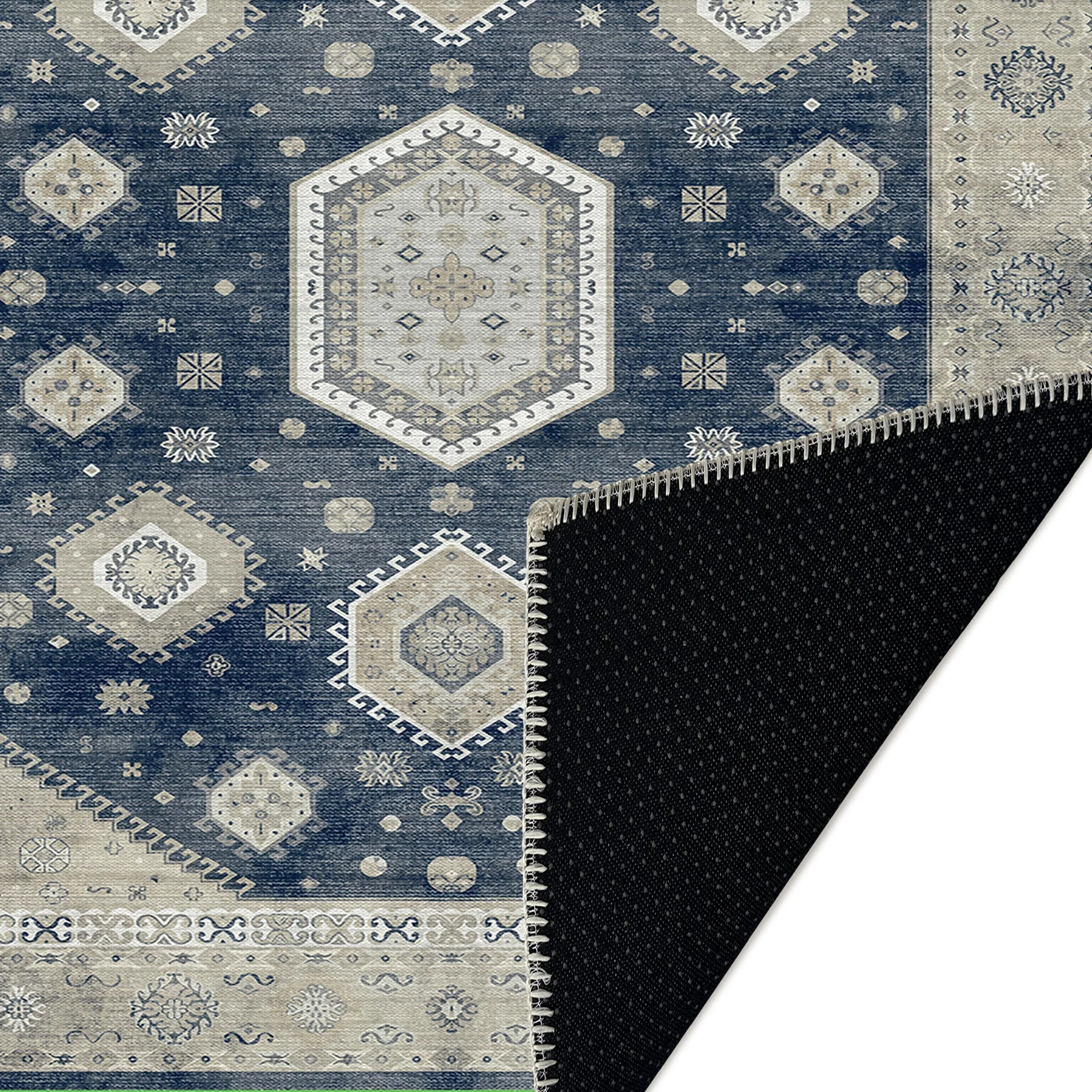 Blue And Beige Traditional Medallion Machine Washable Area Rug - Image 7