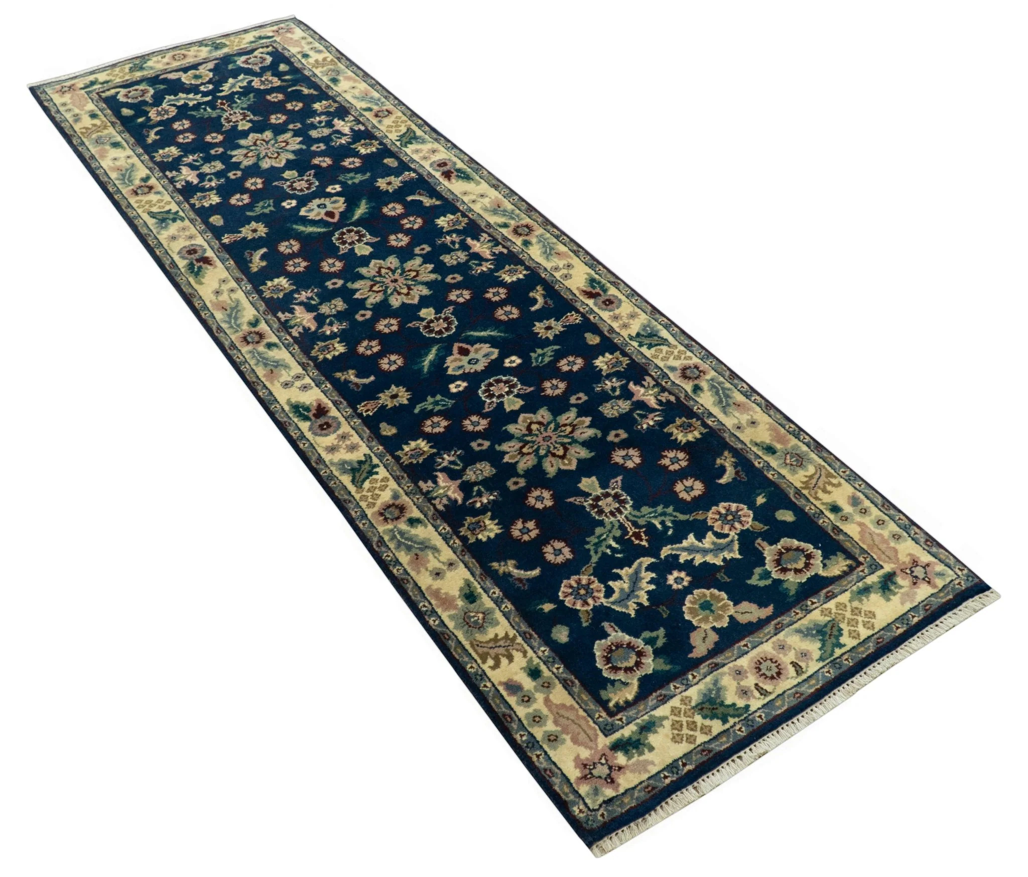 Blue And Beige Traditional Oriental Design Hand Knotted 2.5x8 wool area rug - Image 10