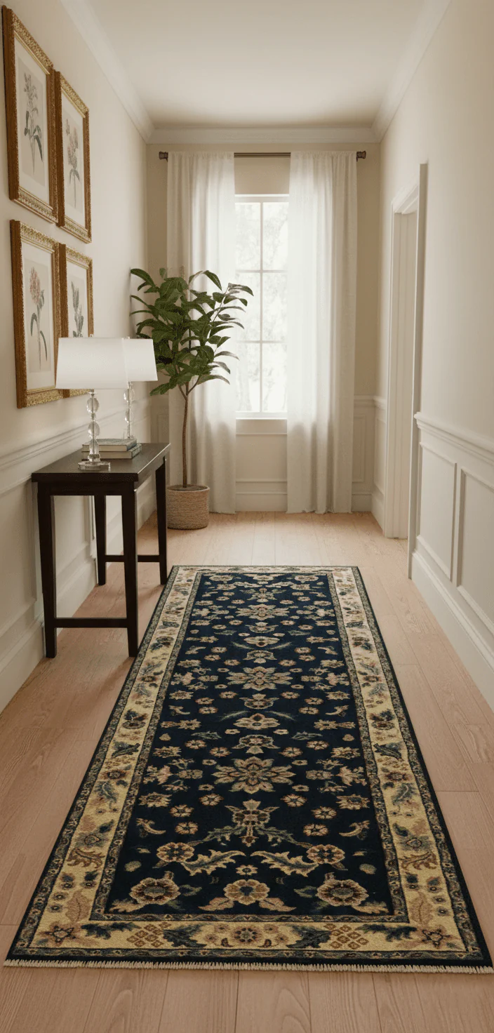 Blue And Beige Traditional Oriental Design Hand Knotted 2.5x8 wool area rug - Image 2