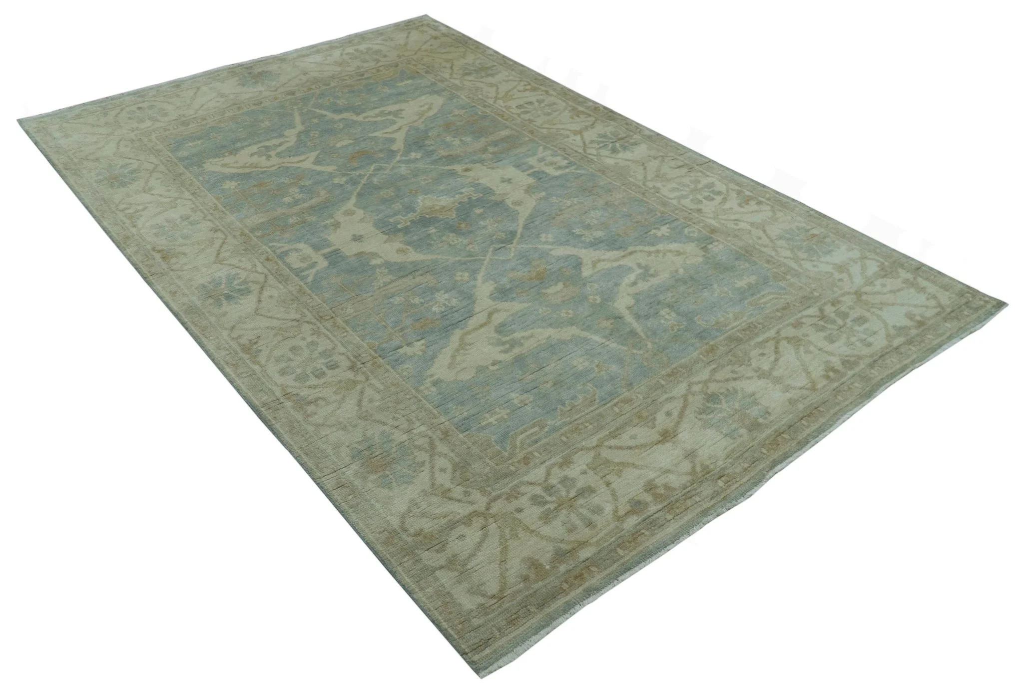 Blue And Beige Traditional Oushak Design Hand Knotted 6x9 wool area rug - Image 10