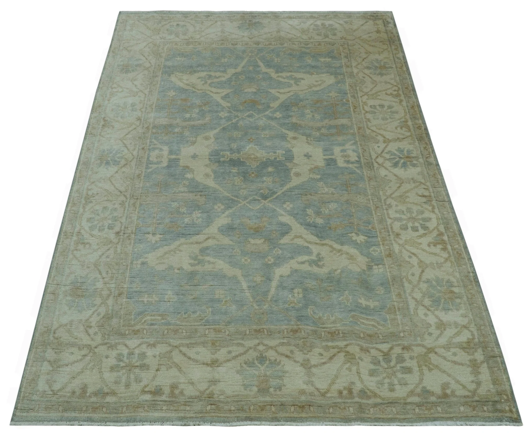 Blue And Beige Traditional Oushak Design Hand Knotted 6x9 wool area rug - Image 11