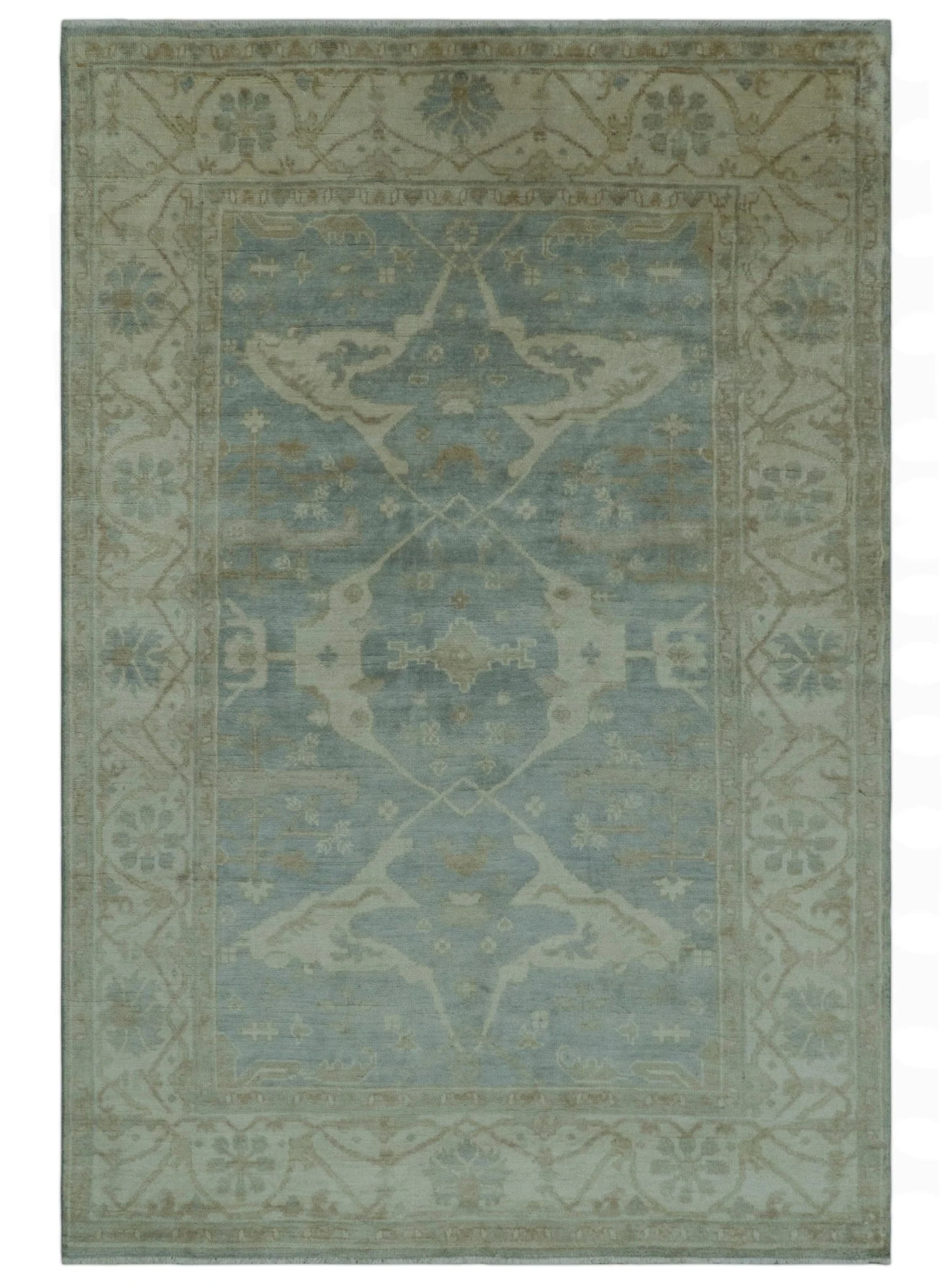 Blue And Beige Traditional Oushak Design Hand Knotted 6x9 wool area rug - Image 12