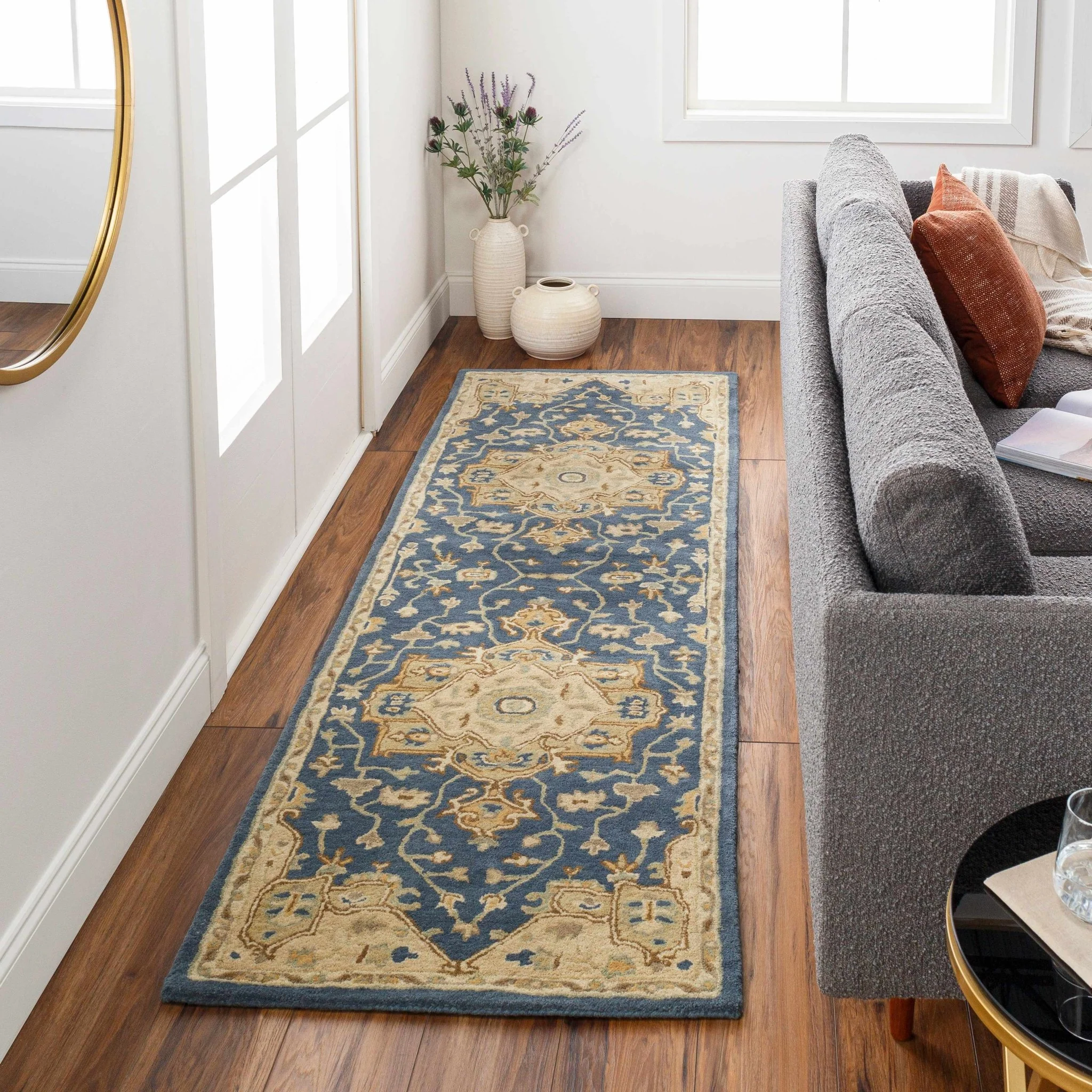 Blue And Beige Traditional Style Hand Tufted Wool Rug - Image 4