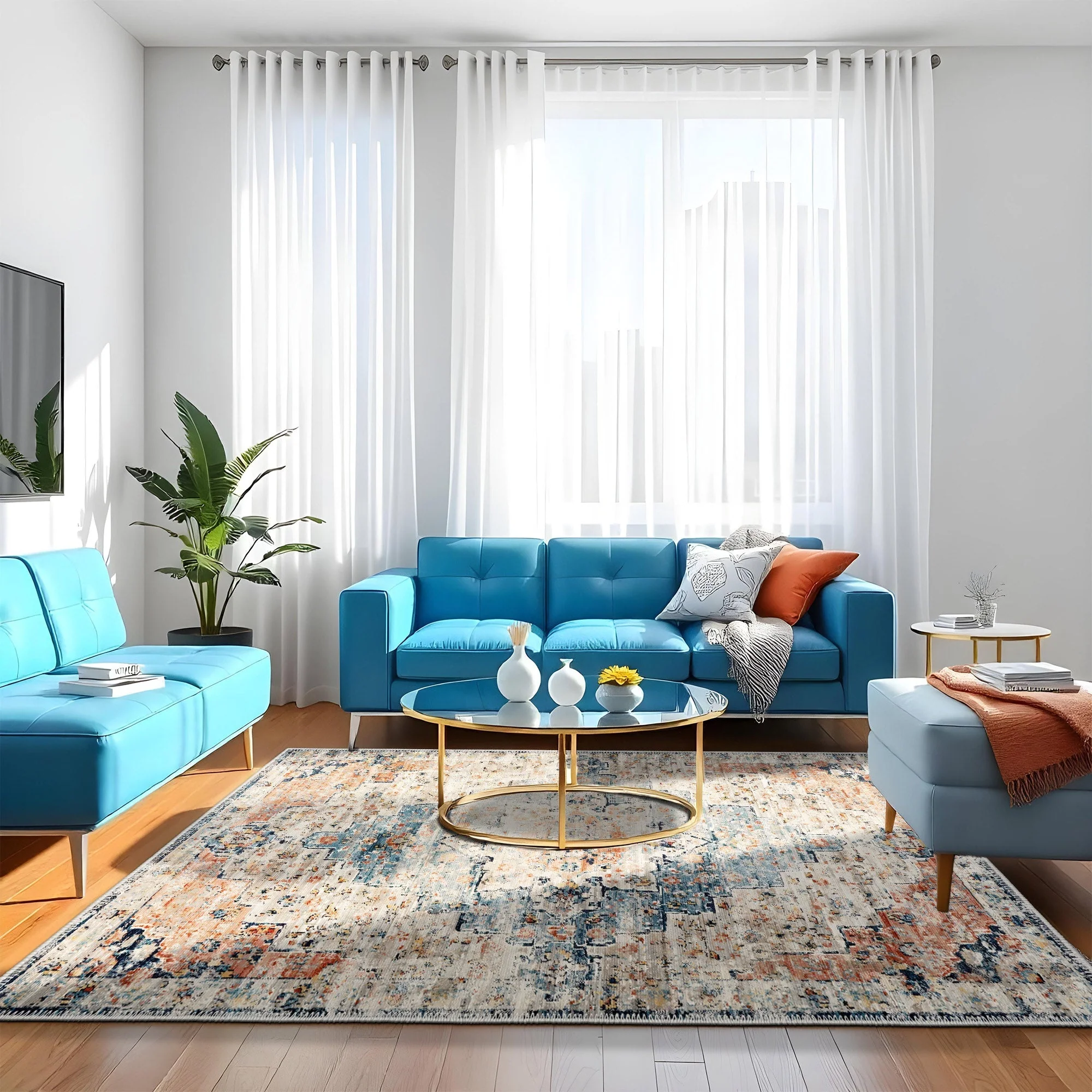 Blue And Beige Transitional Design Machine Washable Area Rug - Image 3