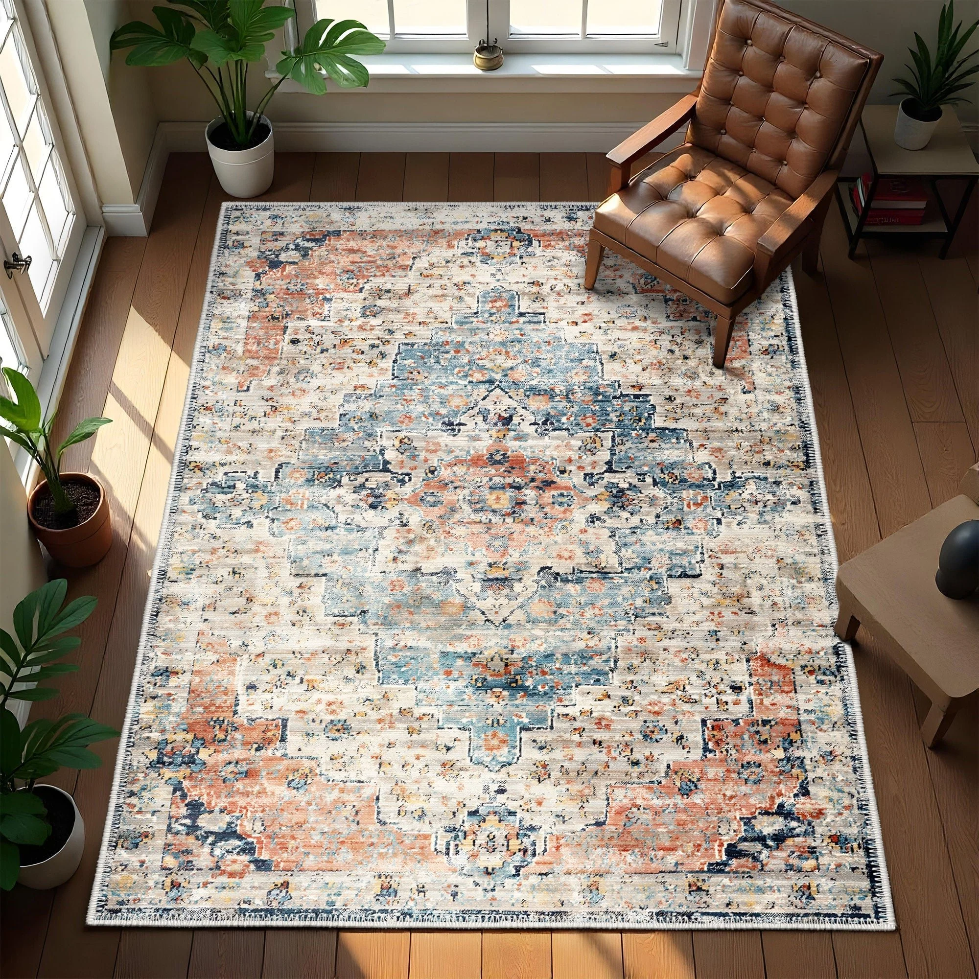 Blue And Beige Transitional Design Machine Washable Area Rug - Image 4
