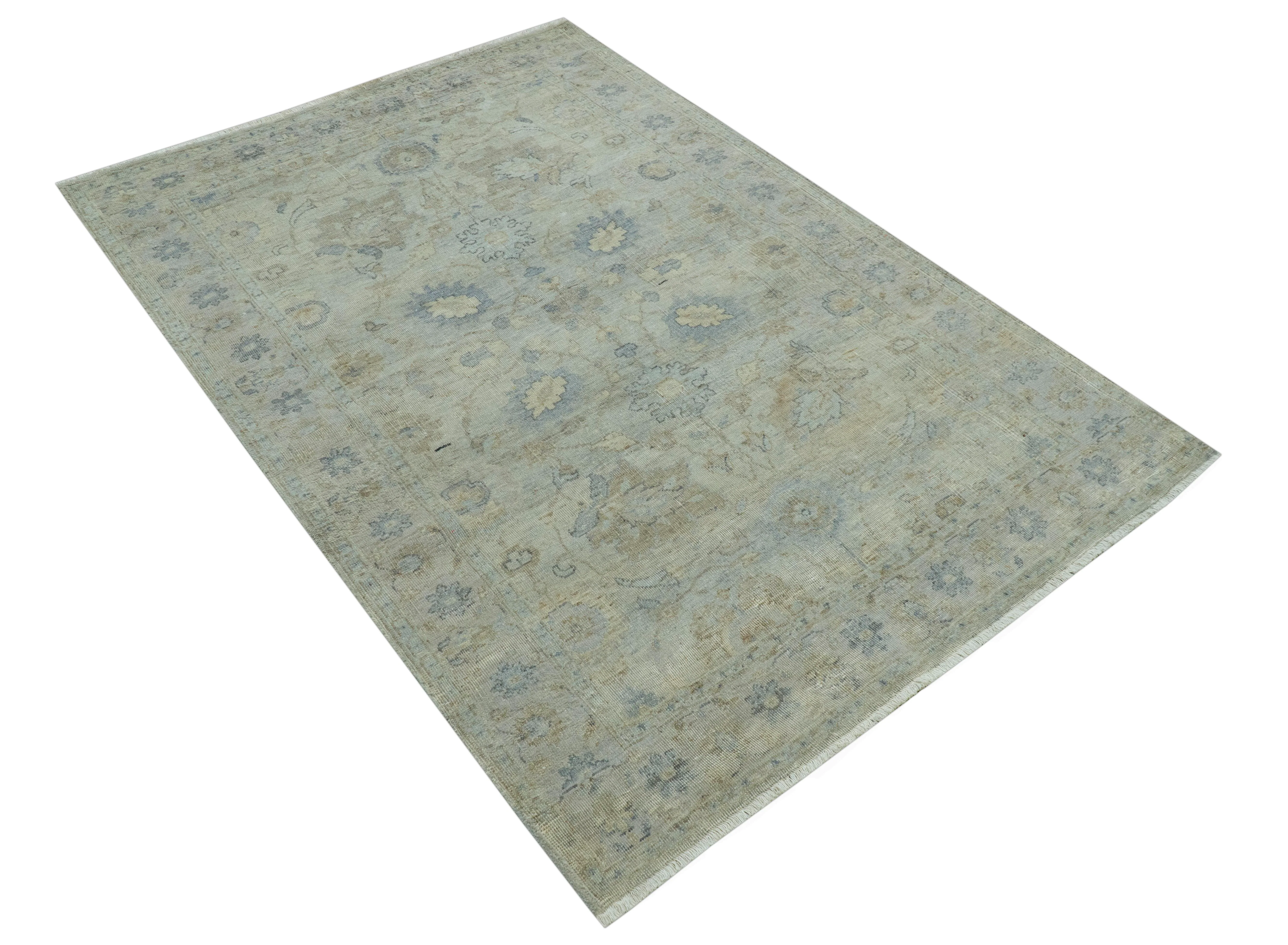 Silver And Beige Traditional Design Hand Knotted 4x5.6 Wool Area Rug - Image 10