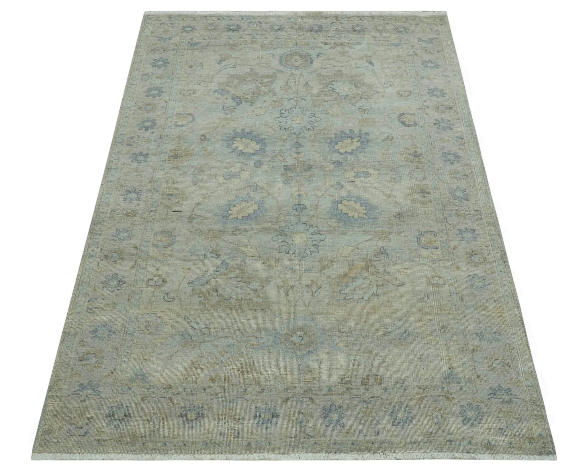 Silver And Beige Traditional Design Hand Knotted 4x5.6 Wool Area Rug - Image 9