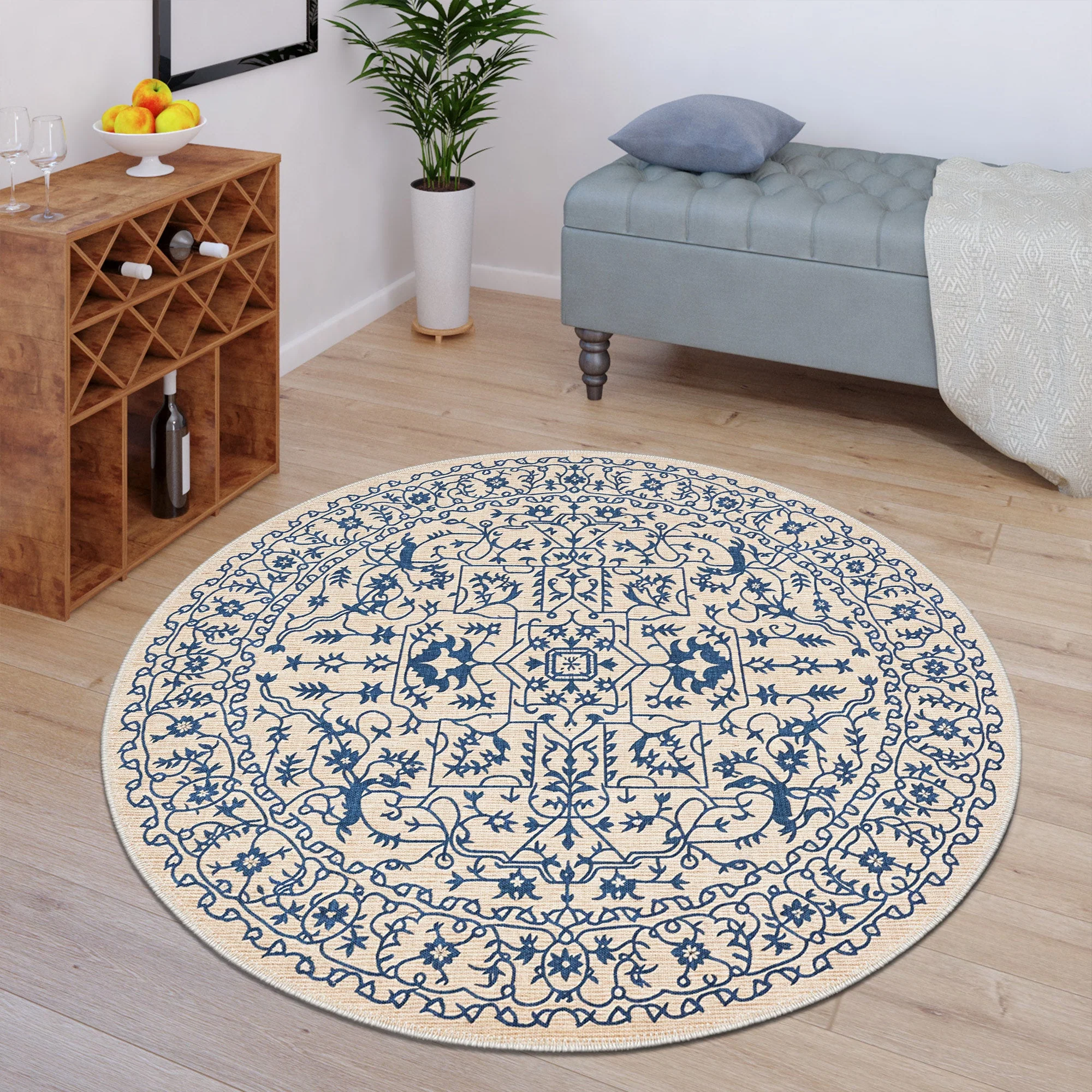 Blue And Beige Traditional Style Machine Washable Area Rug - Image 2