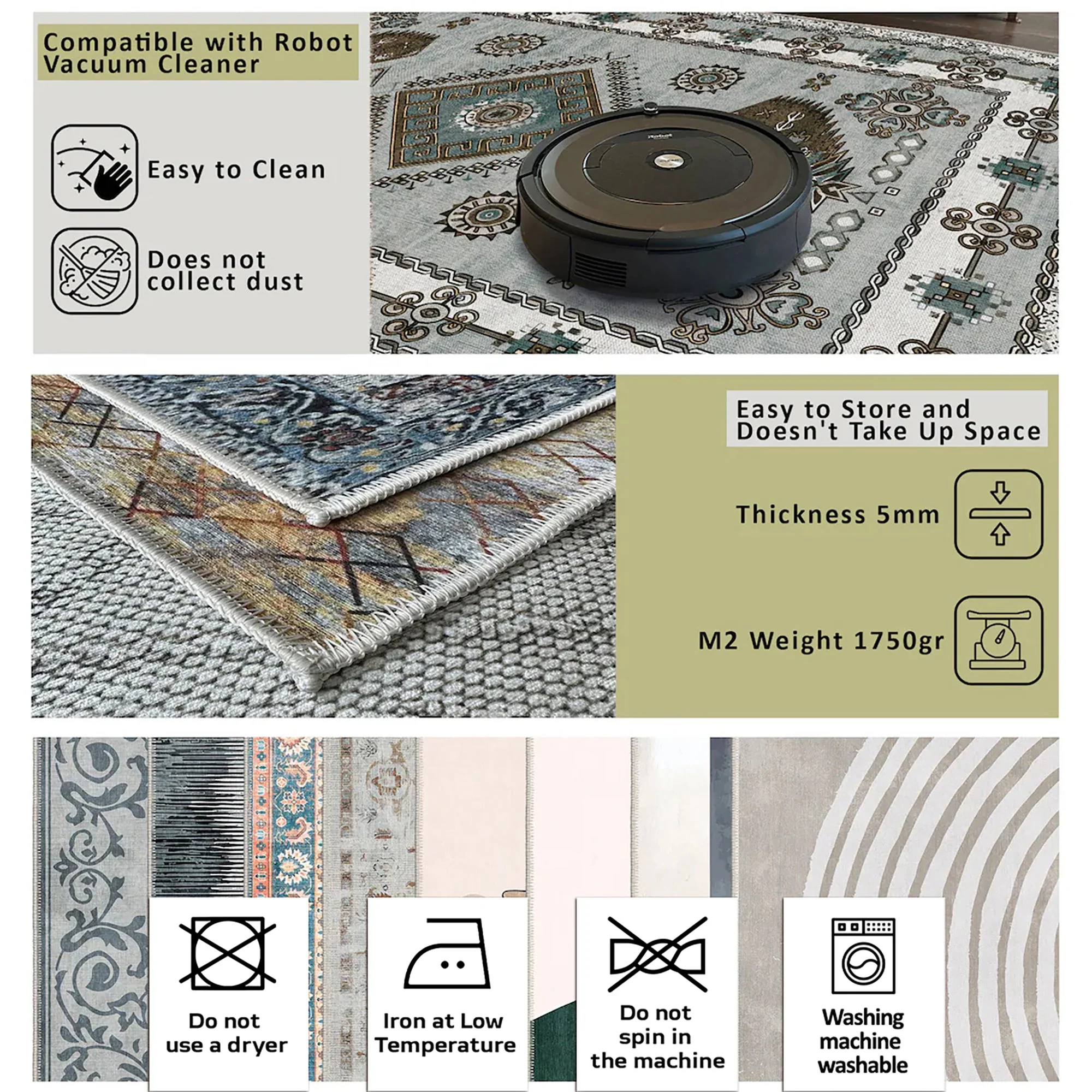 Blue And Beige Traditional Style Machine Washable Area Rug - Image 9