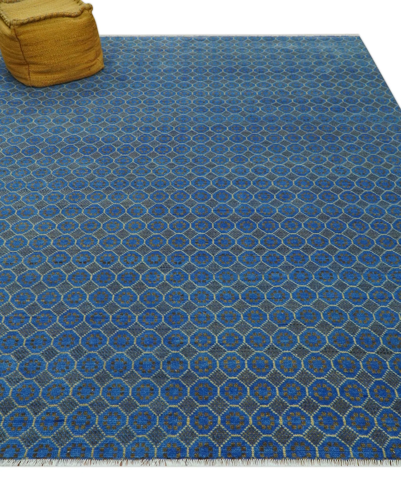 Blue and Charcoal geometrical honey comb design Hand knotted Wool Area Rug - Image 10