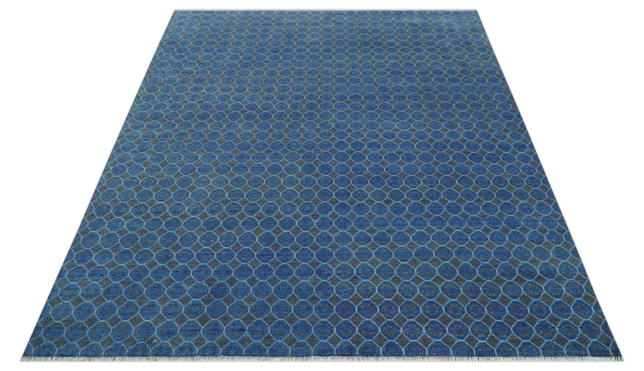 Blue and Charcoal geometrical honey comb design Hand knotted Wool Area Rug - Image 2
