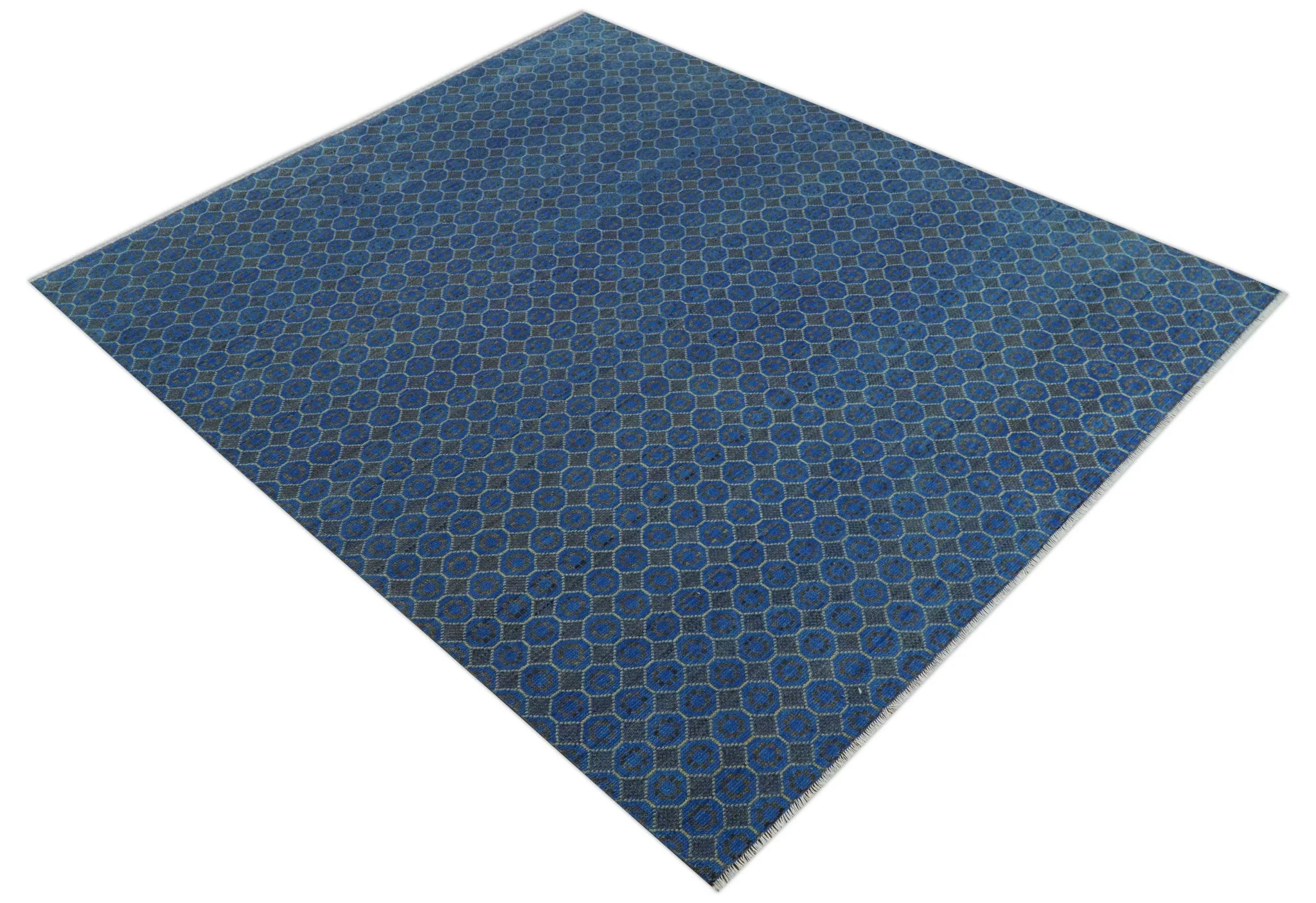 Blue and Charcoal geometrical honey comb design Hand knotted Wool Area Rug - Image 3