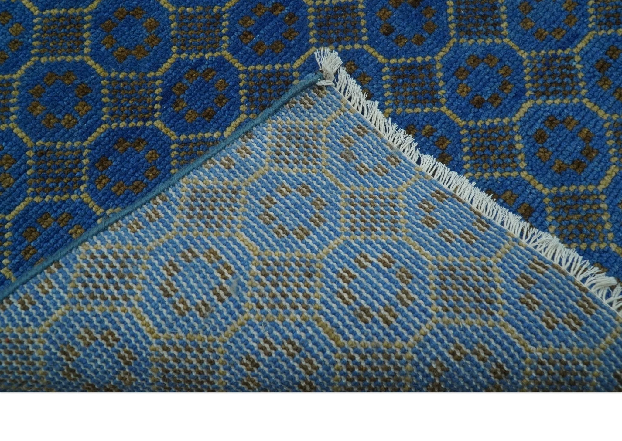 Blue and Charcoal geometrical honey comb design Hand knotted Wool Area Rug - Image 4