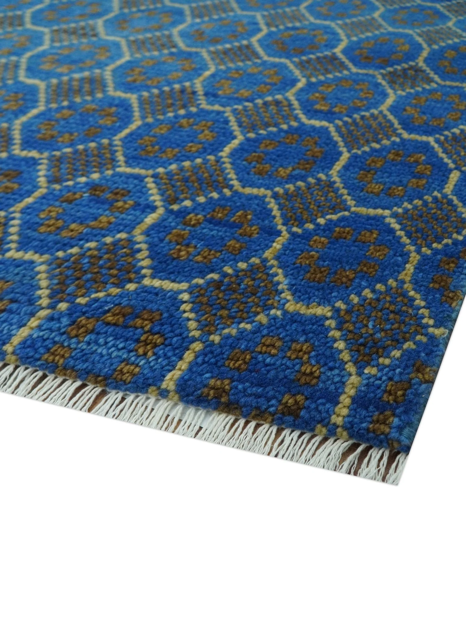 Blue and Charcoal geometrical honey comb design Hand knotted Wool Area Rug - Image 5
