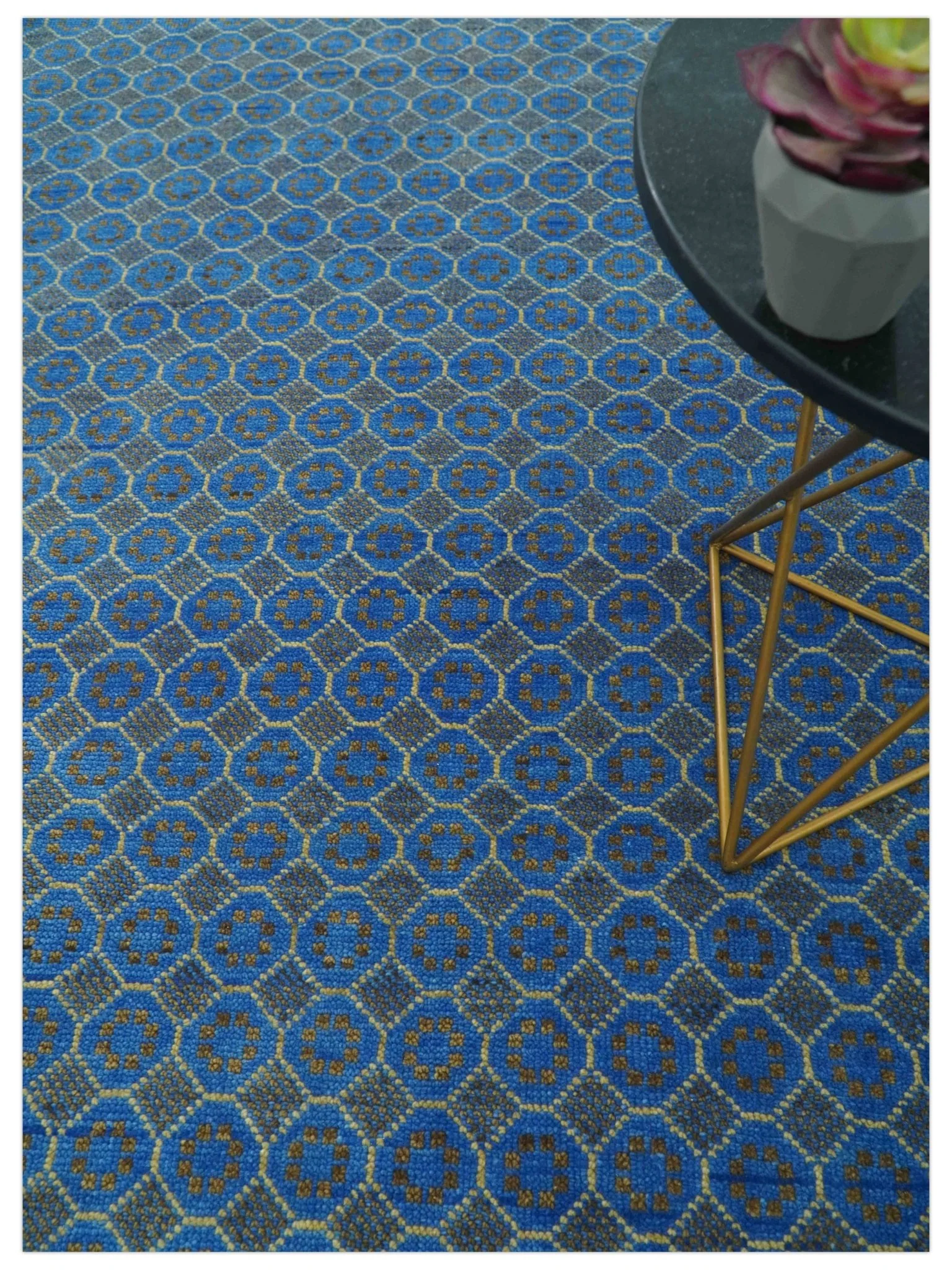 Blue and Charcoal geometrical honey comb design Hand knotted Wool Area Rug - Image 9