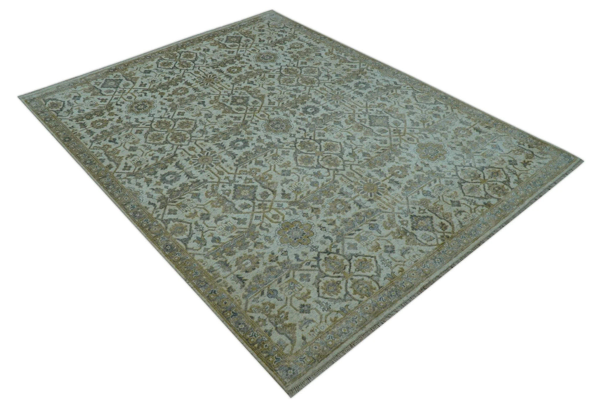 Blue And Gold Fine Hand Knotted traditional Oriental Oushak design  8x10 wool area rug - Image 10