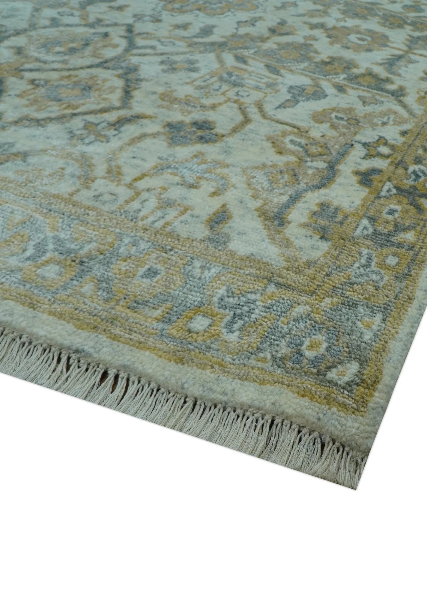 Blue And Gold Fine Hand Knotted traditional Oriental Oushak design  8x10 wool area rug - Image 9
