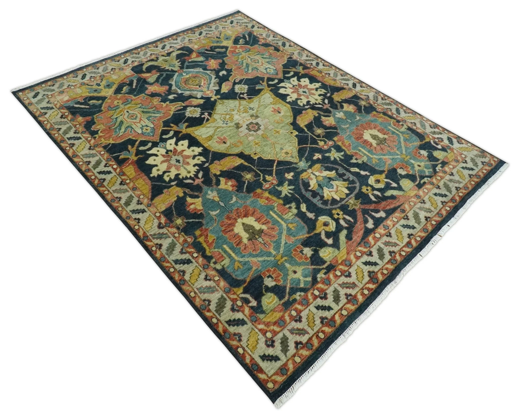 Traditional Blue and Gold Multi Sizes Antique Style Hand knotted Oushak Area Rug - Image 9