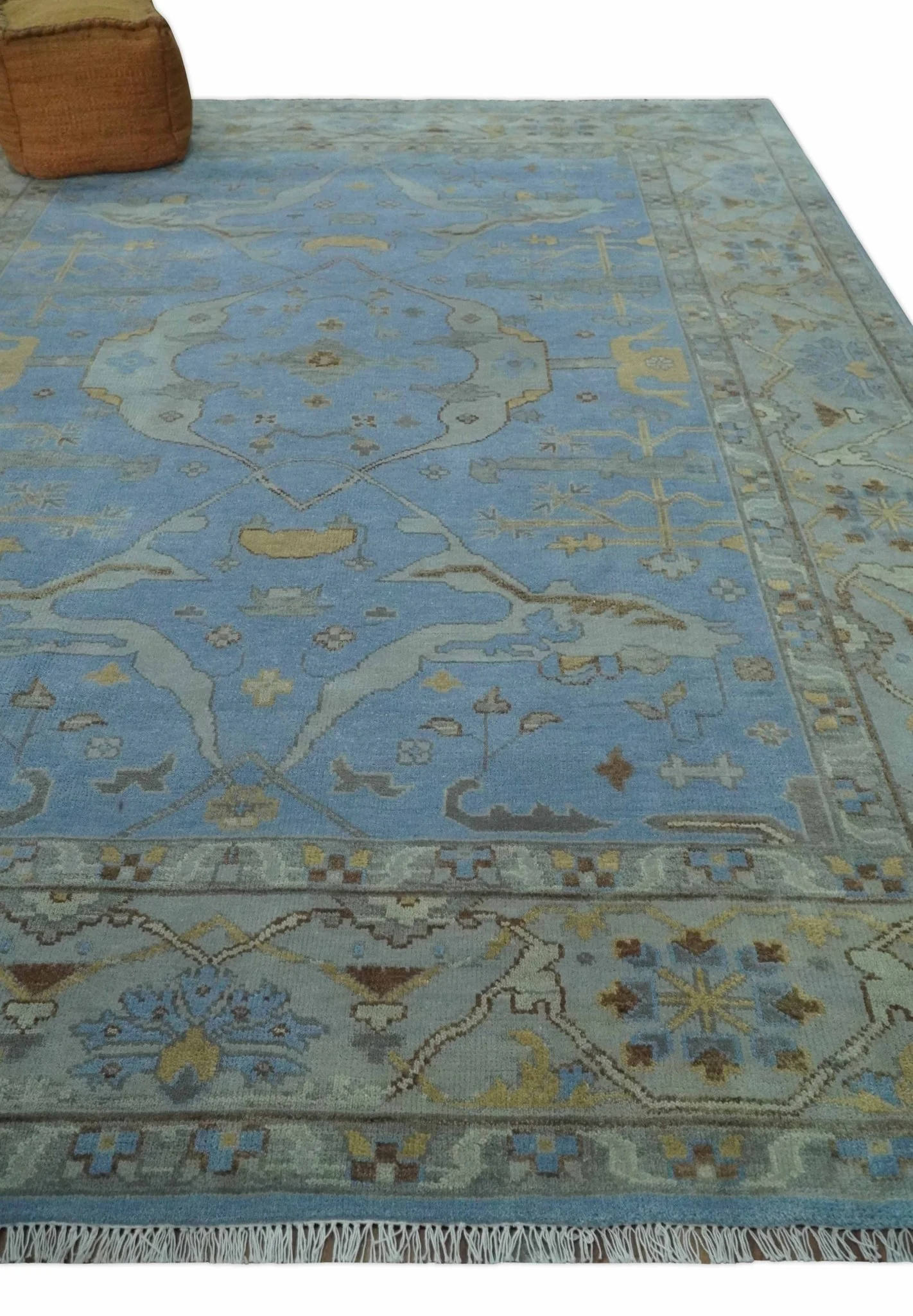 Blue and Gray Hand knotted Oriental Oushak 9x12 wool Area Rug - Image 4