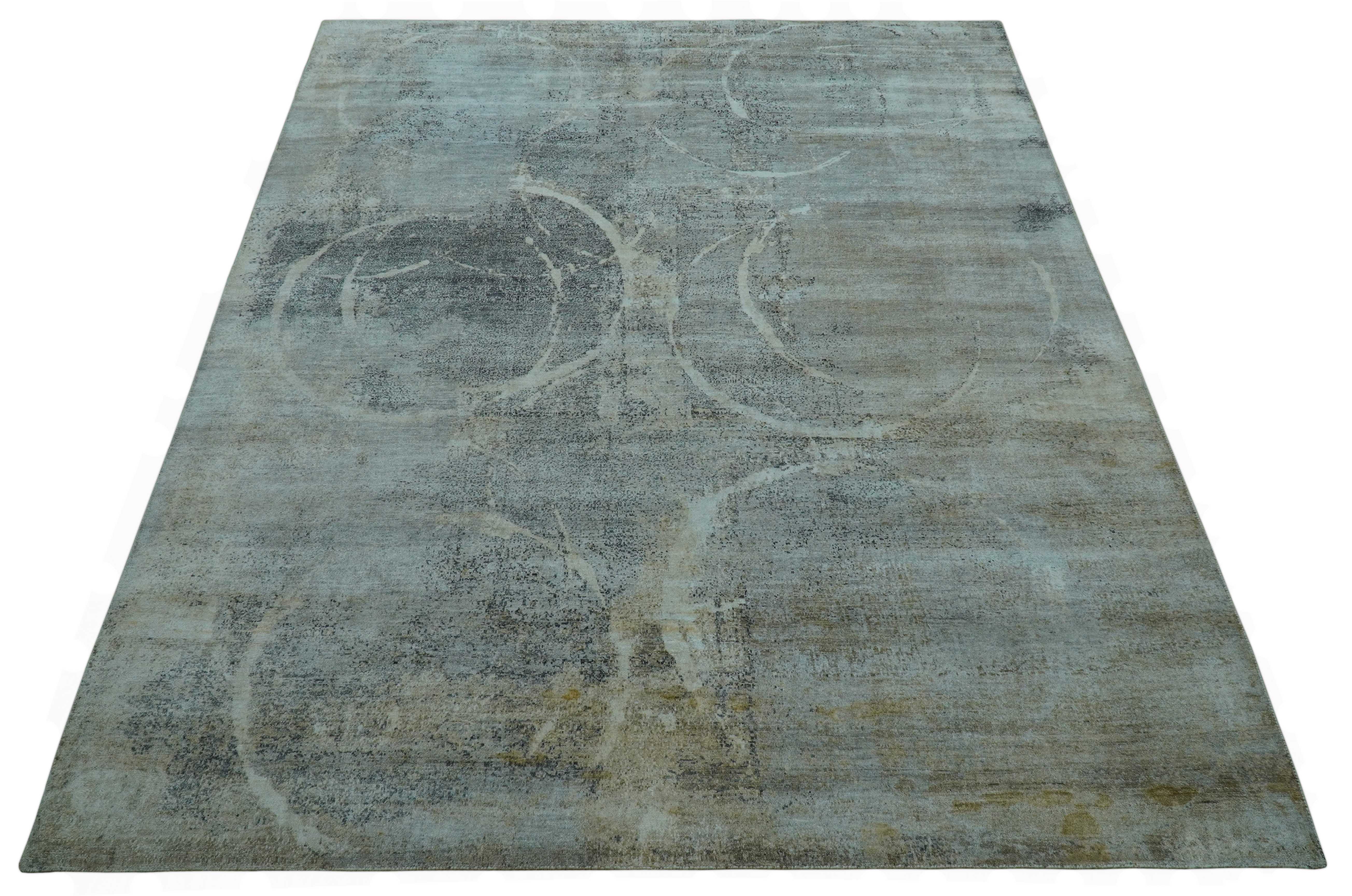 Blue And Beige Modern Abstract Design Hand Knotted 8x10 Bamboo Silk Area Rug - Image 11