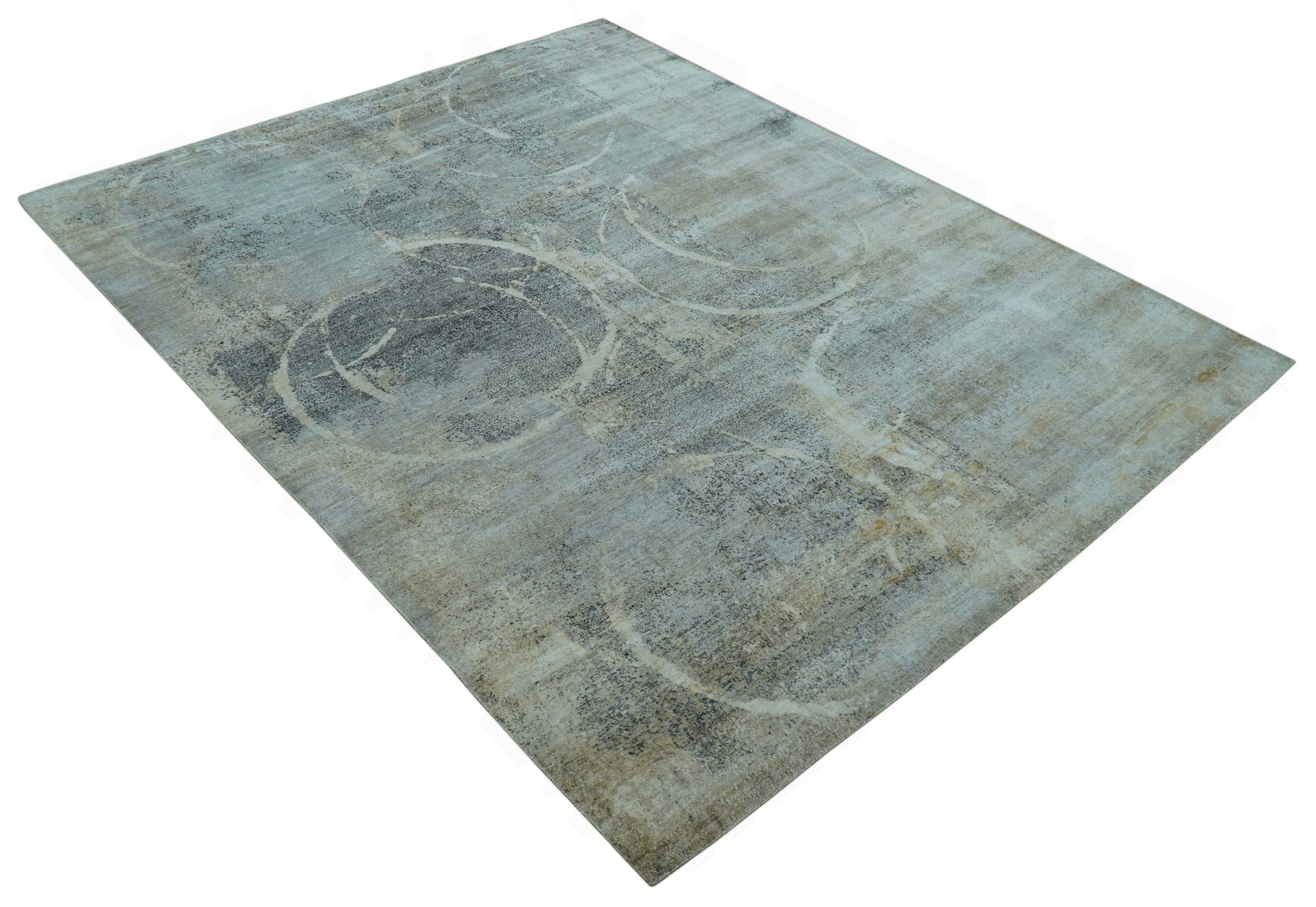 Blue And Beige Modern Abstract Design Hand Knotted 8x10 Bamboo Silk Area Rug - Image 12