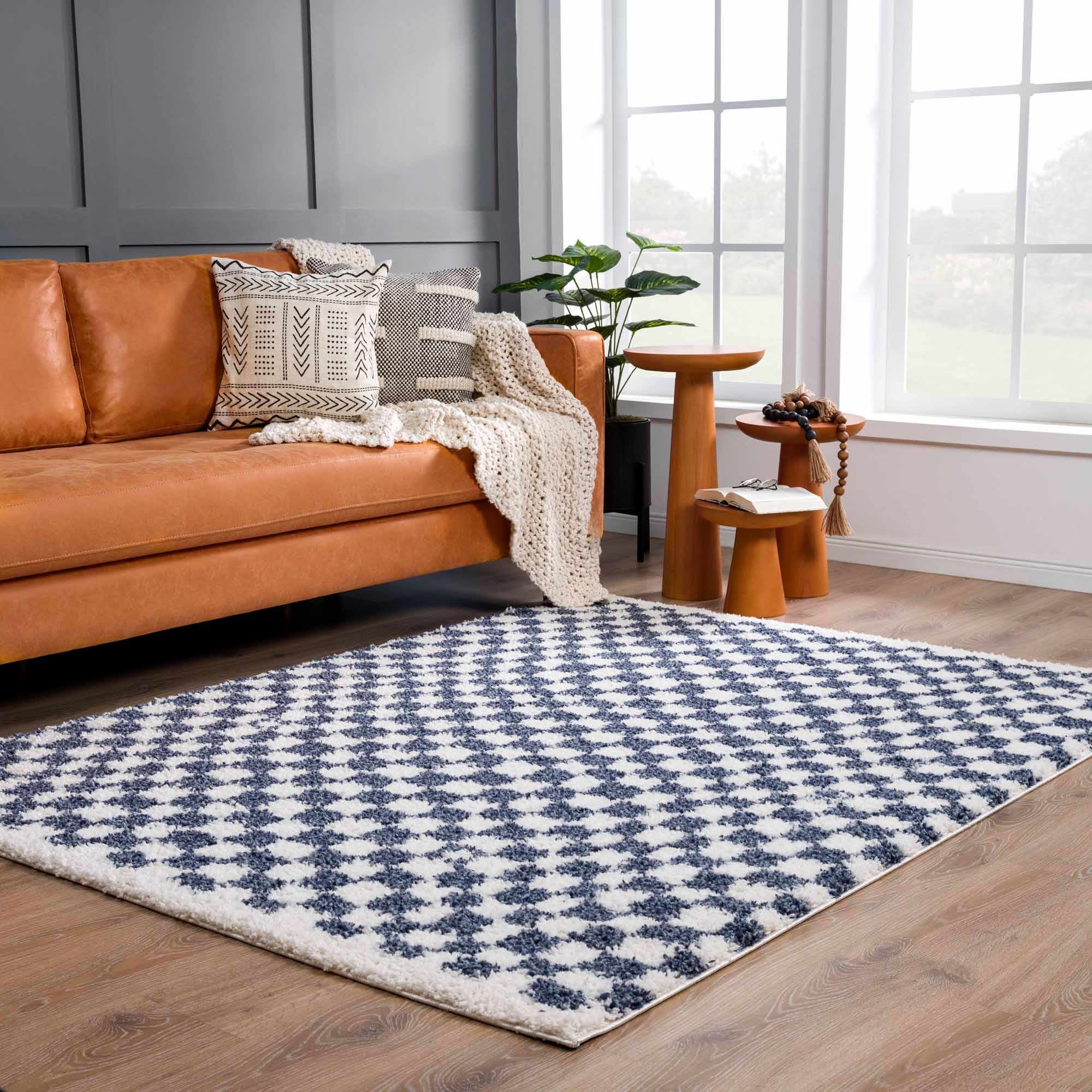 Modern Geometrical Blue and Ivory Checkered Plush Pile Moroccan Style Area Rug - Image 13