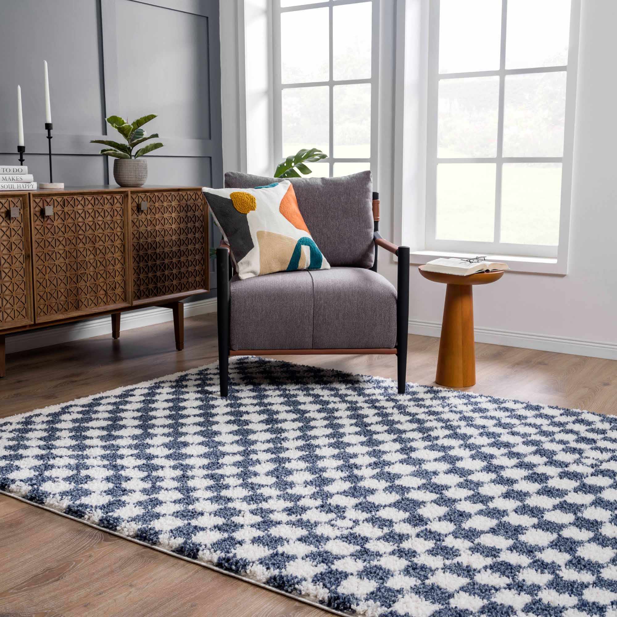 Modern Geometrical Blue and Ivory Checkered Plush Pile Moroccan Style Area Rug - Image 14